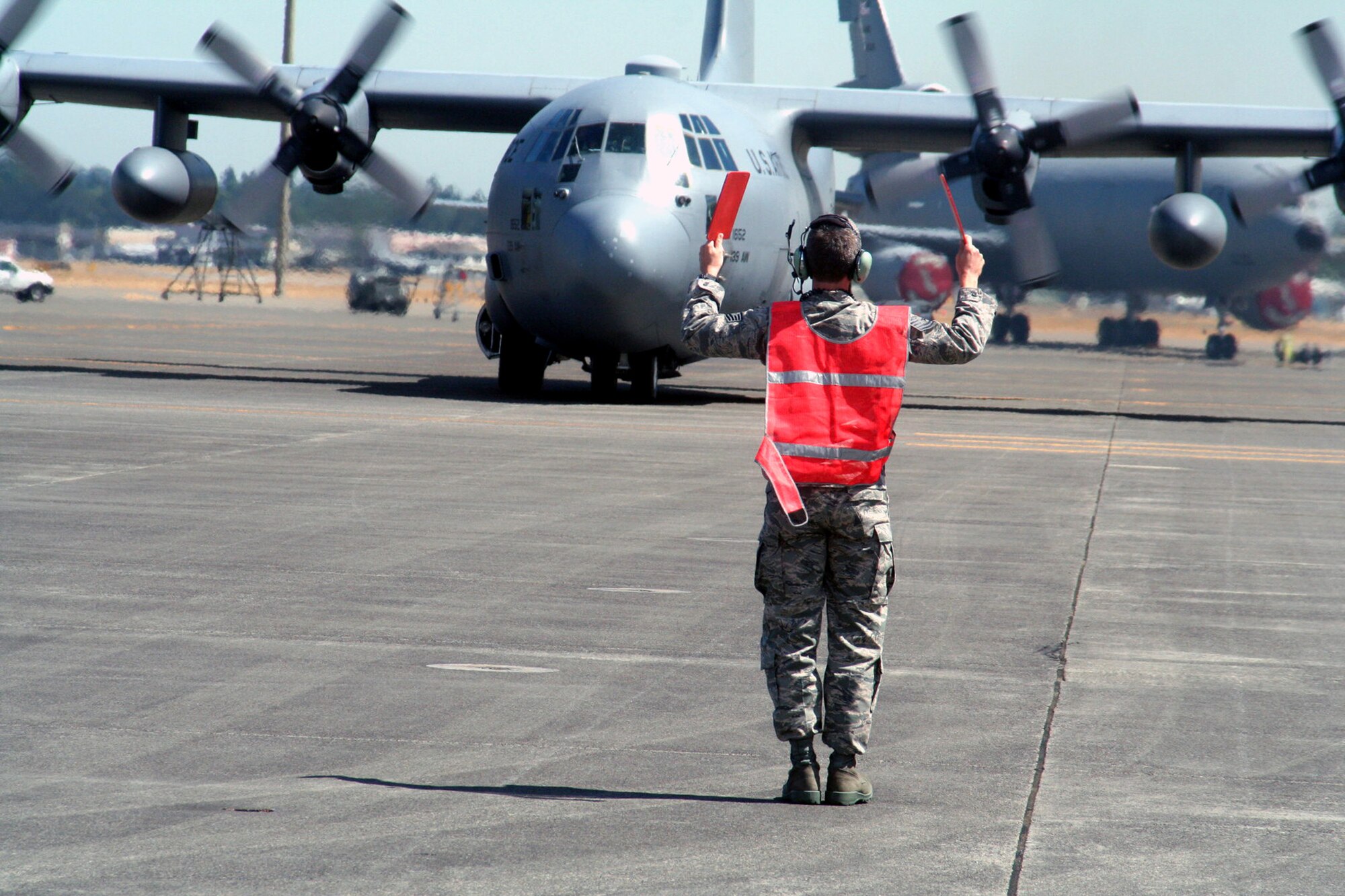 C-130 Hercules from the 139th Airlift Wing of the Missouri Air National Guard at St. Joseph taxis on the ramp at McChord Air Force Base, Wash., after completing a competition mission for Air Mobility RODEO 2009. More than 100 teams are participating in RODEO competition, including teams from seven foreign countries. RODEO is the U.S. Air Force's and AMC's premier air mobility competition. It's an international combat skills and flying operations competition designed to develop and improve techniques, procedures and interoperability with international partners to optimize mobility partnerships and enhance mobility operations. (U.S. Air Force Photo/Tech. Sgt. Scott T. Sturkol)