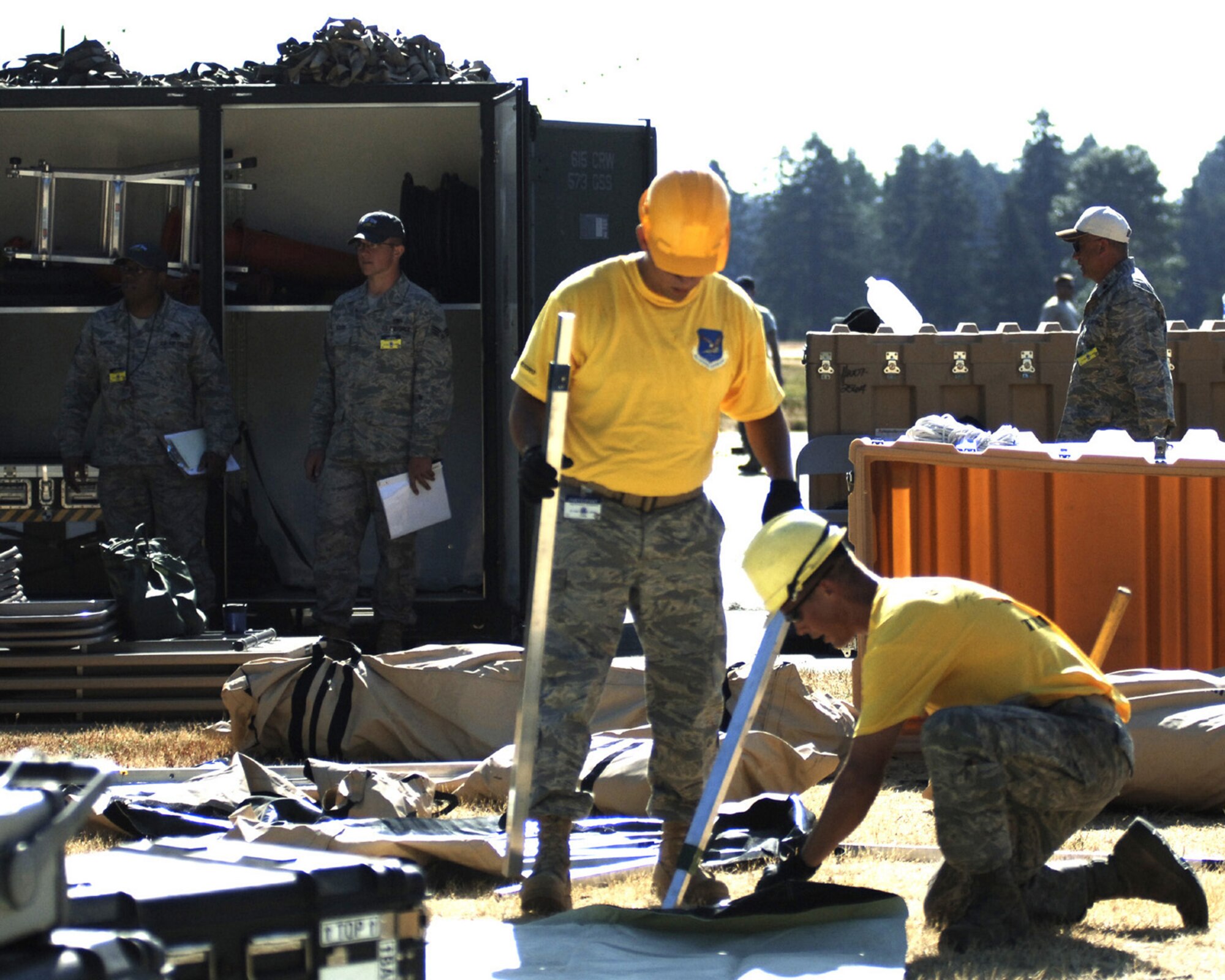 Airmen from the 615th Contingency Response Wing at Travis Air Force Base, Calif., put together a SPICE platform as part of an event for Air Mobility RODEO 2009 at McChord AFB, Wash. This is the first year the RODEO has included a timed event for CRW Airmen to establish a SPICE platform.  (U.S. Air Force Photo/2nd Lt. Erika Wonn) 