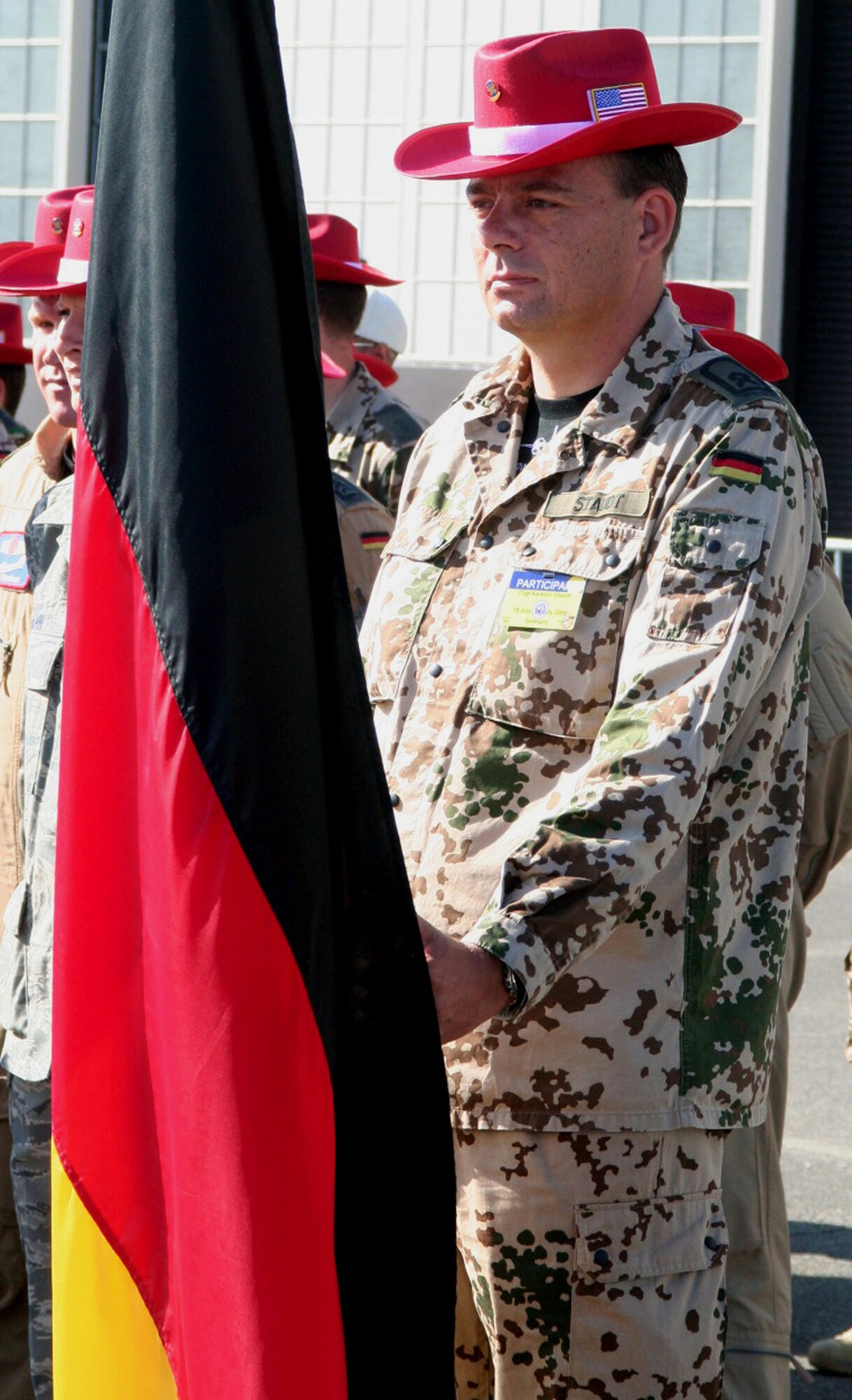 Members of the German team prepare for opening ceremonies for Air Mobility Command's RODEO 2009 July 19 at McChord Air Force Base, Wash.  More than 100 teams are participating in RODEO competition, including teams from seven foreign countries. RODEO is the U.S. Air Force's and AMC's premier air mobility competition. It's an international combat skills and flying operations competition designed to develop and improve techniques, procedures and interoperability with international partners to optimize mobility partnerships and enhance mobility operations. (U.S. Air Force Photo/Tech. Sgt. Scott T. Sturkol)