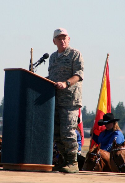 Gen. Arthur J. Lichte, Air Mobility Command commander, provides remarks during opening ceremonies for Air Mobility Command's RODEO 2009 July 19 at McChord Air Force Base, Wash.  More than 100 teams are participating in RODEO competition, including teams from seven foreign countries. RODEO is the U.S. Air Force's and AMC's premier air mobility competition. It's an international combat skills and flying operations competition designed to develop and improve techniques, procedures and interoperability with international partners to optimize mobility partnerships and enhance mobility operations. (U.S. Air Force Photo/Tech. Sgt. Scott T. Sturkol)