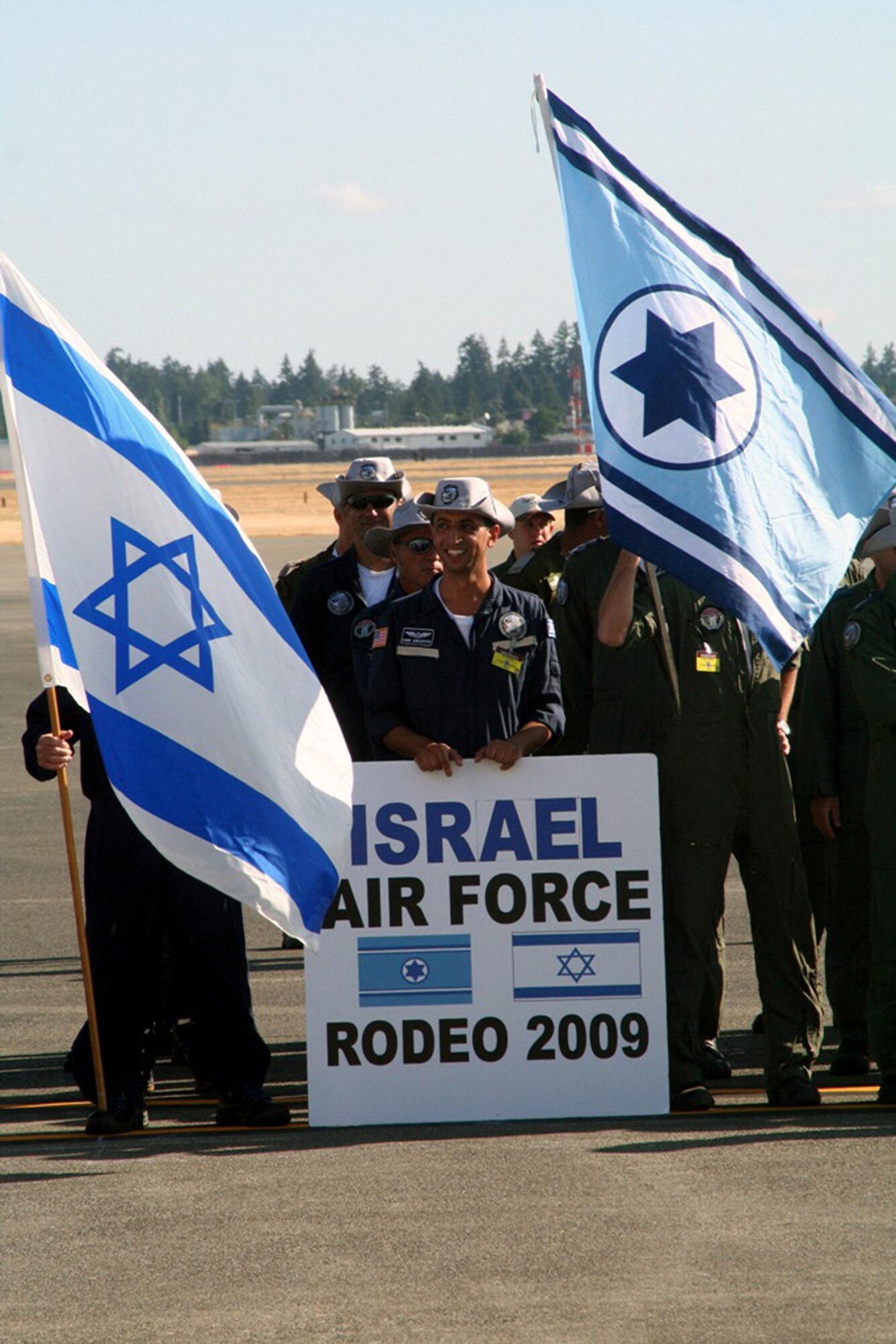 Members of the Israeli team prepare for opening ceremonies for Air Mobility Command's RODEO 2009 July 19 at McChord Air Force Base, Wash.  More than 100 teams are participating in RODEO competition, including teams from seven foreign countries. RODEO is the U.S. Air Force's and AMC's premier air mobility competition. It's an international combat skills and flying operations competition designed to develop and improve techniques, procedures and interoperability with international partners to optimize mobility partnerships and enhance mobility operations. (U.S. Air Force Photo/Tech. Sgt. Scott T. Sturkol)
