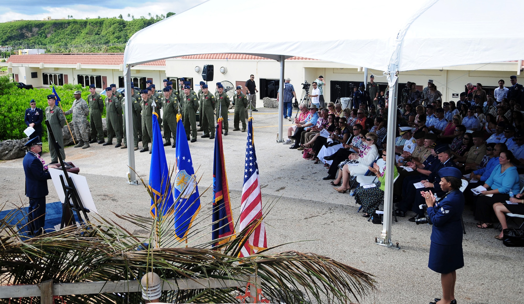 Brig. Gen. Phil Ruhlman, commander of the 36th Wing at Andersen Air Force Base, Guam, speaks about the dedication of the fallen RAIDR 21 aircrew July 20 during a memorial unveiling ceremony at the Governor's Complex at Adelup Point in Hagatna, Guam. Family, friends and co-workers of the B-52 Stratofortress aircrew -- call sign RAIDR 21 -- along with members of the local Guam community honored the memory of the Airmen with the ceremony and the unveiling of a memorial dedicated to them.  The aircrew died when their B-52 crashed off the coast of Guam July 21, 2008. (U.S. Air Force photo/Airman 1st Class Courtney Witt)
