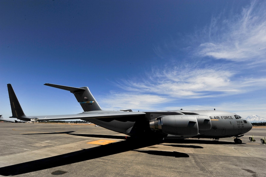 A C-17 Globemaster III from Dover Air Force Base, Del., sits on the flight line at McChord Air Force Base, Wash., for Air Mobility RODEO 2009, July 18. RODEO is an international combat skills and flying operations competition designed to develop and improve techniques and procedures with our international partners to enhance mobility operations (U.S. Air Force photo by Master Sgt. Joe Springfield/Released)