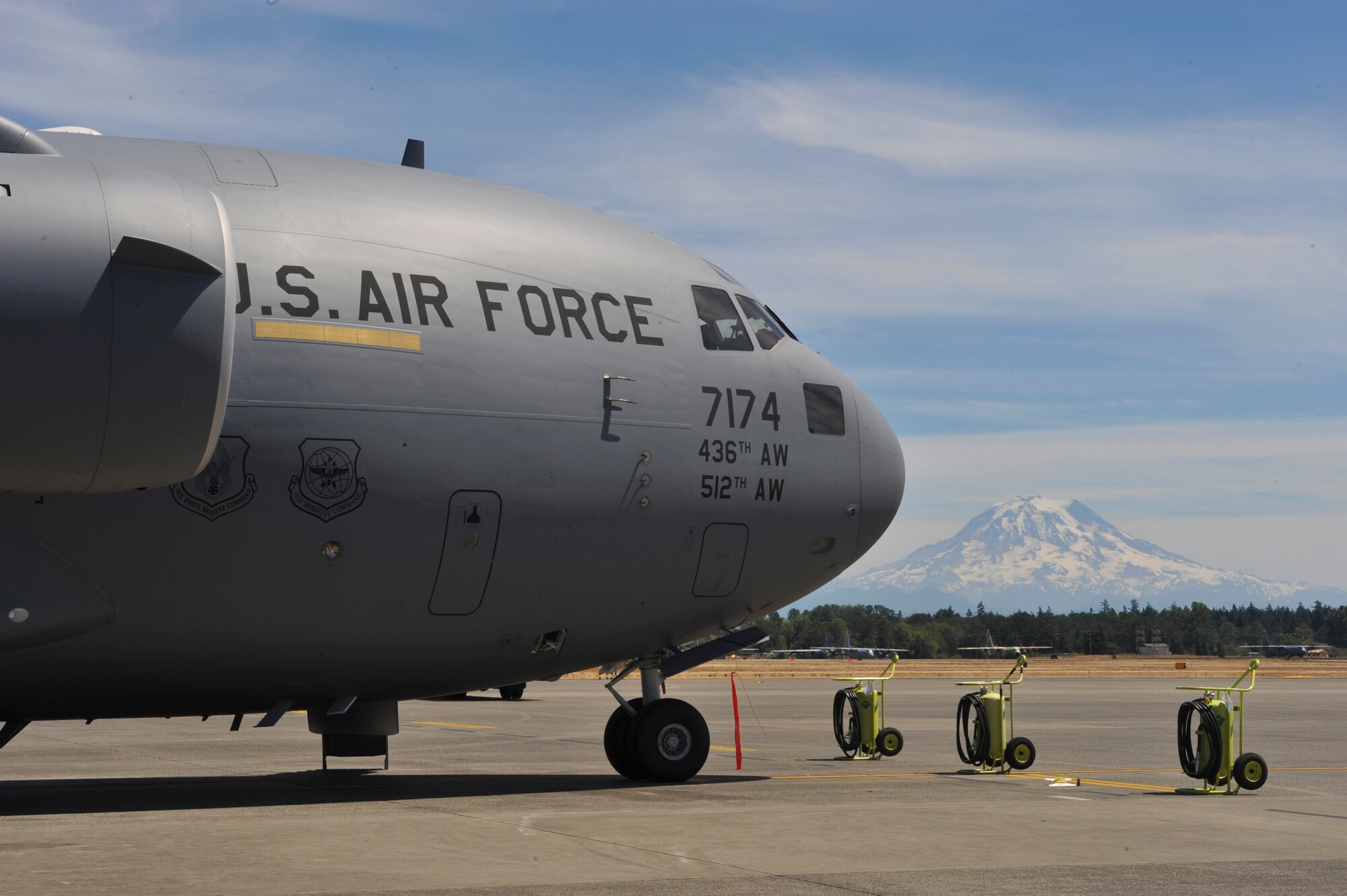 A C-17 Globemaster III from Dover Air Force Base, Del., sits on the flight line at McChord Air Force Base, Wash., for Air Mobility RODEO 2009, July 18. RODEO is an international combat skills and flying operations competition designed to develop and improve techniques and procedures with our international partners to enhance mobility operations (U.S. Air Force photo by Master Sgt. Joe Springfield/Released)
