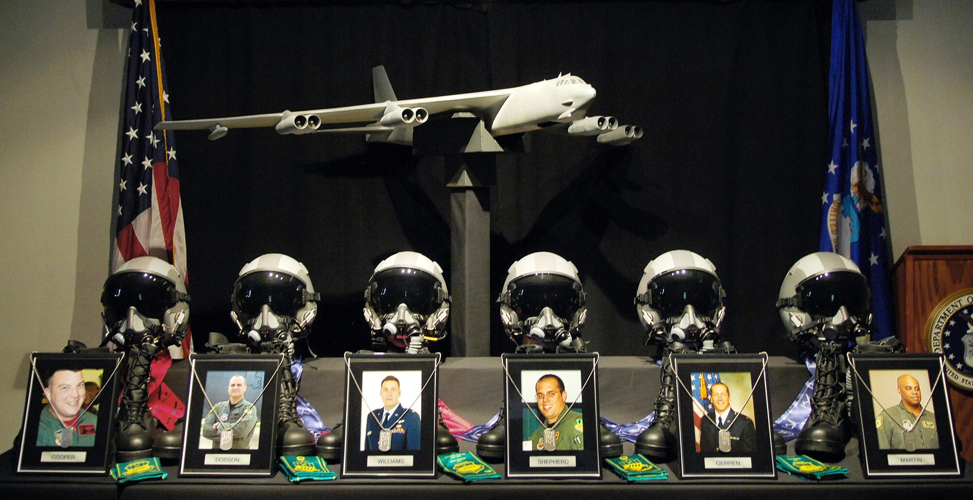 A memorial was created at Barksdale Air Force Base, La., to remember the six crew members of RAIDR 21 who died in a crash July 21, 2008, while deployed to Andersen AFB, Guam.  The call-sign of their B-52 Stratofortress was RAIDR 21.  (U.S. Air Force photo/Staff Sgt. Trina R. Jeanjacques)