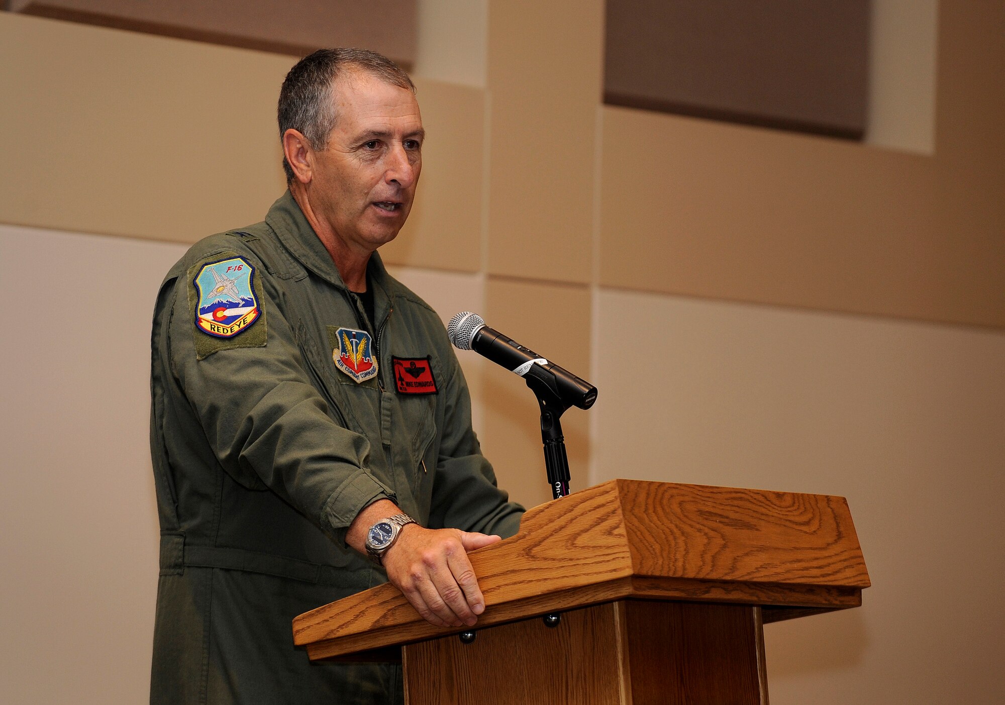 BUCKLEY AIR FORCE BASE, Colo. - Maj. Gen. H. Michael Edwards, Colorado's Adjutant General, gives a speech at Retiree Appreciation Day July 18. General Edwards is also the governor's Executive Director of Military and Veteran Affairs. (U.S. Air Force photo by Senior Airman Steve Czyz)