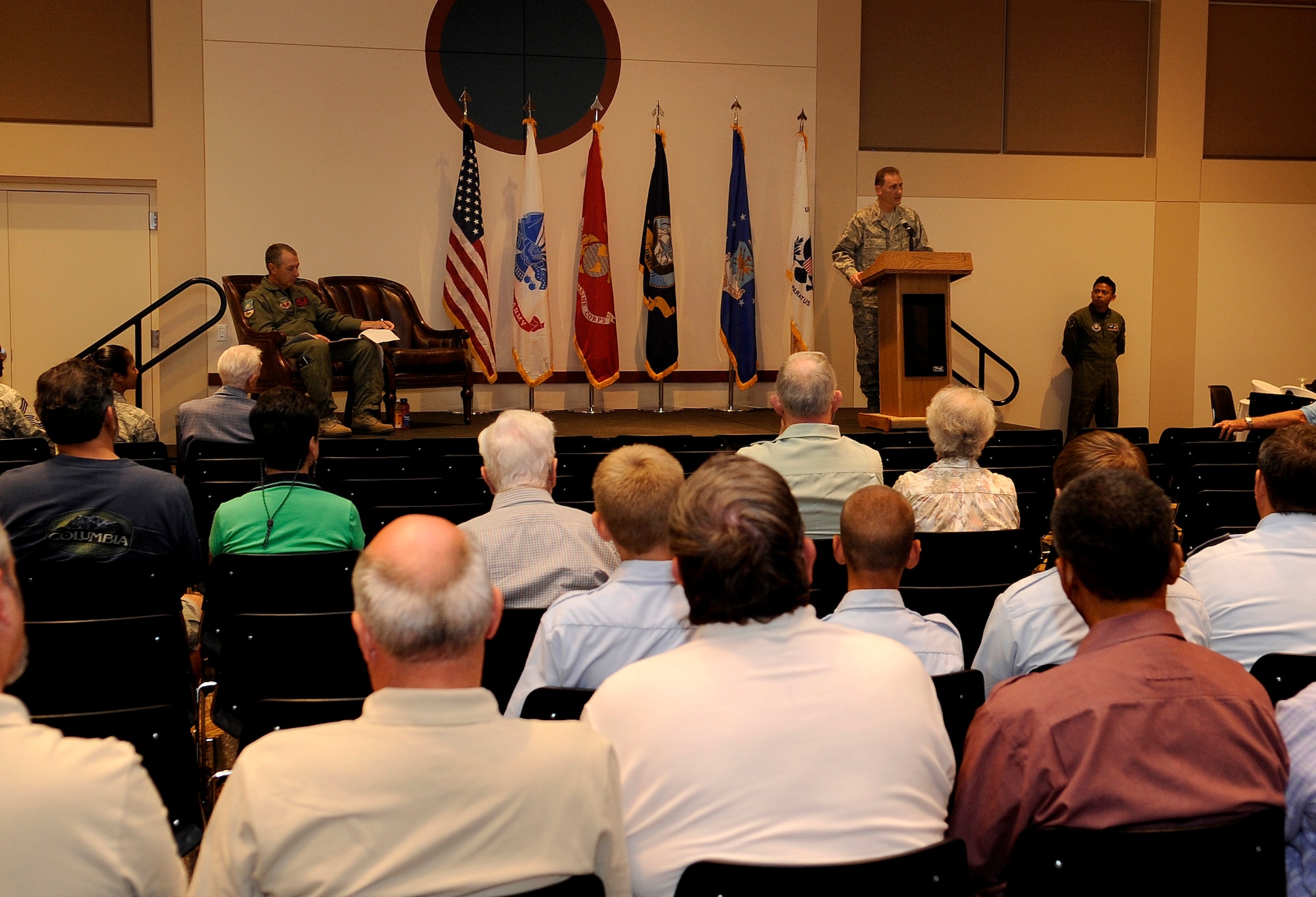 BUCKLEY AIR FORCE BASE, Colo. - Col. Clinton Crosier, 460th Space Wing commander, makes opening remarks at Buckley Air Force Base's 11th Annual Retiree Appreciation Day. Retirees from all five branches of service were present at the event July 18 at the Leadership Development Center. (U.S. Air Force photo by Senior Airman Steve Czyz)