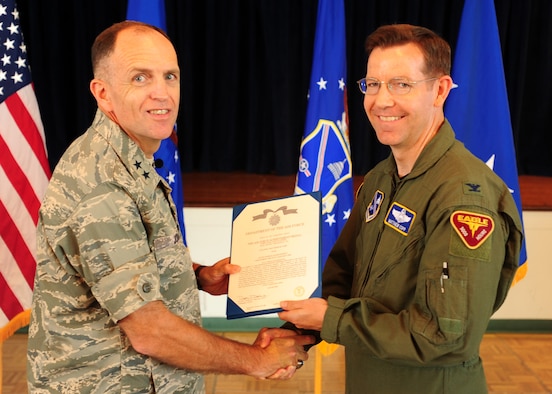 AFDW Commander, Maj. Gen. Ralph Jodice awards Col. Matthew Copp the Air Force Achievement Medal. Colonel Copp spearheaded AFDW's efforts in direct support of the 44th Presidential Inauguration. The award ceremony was held on July 15, 2008. General Jodice awarded medals, recognition pins and certificates to Airmen at Bolling AFB, DC, Andrews AFB, Md. and the Pentagon during three separate Commander's Calls.