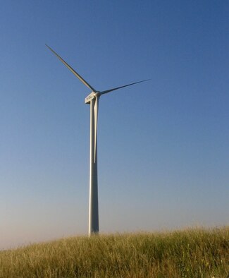 Two of the three wind turbines in operation at FE Warren AFB, Wyo. were paid for with Energy Conservation Investment Program dollars, which is centrally managed and executed by Air Force Civil Engineer Support Agency at Tyndall AFB, Fla. (U.S. Air Force courtesy photo)