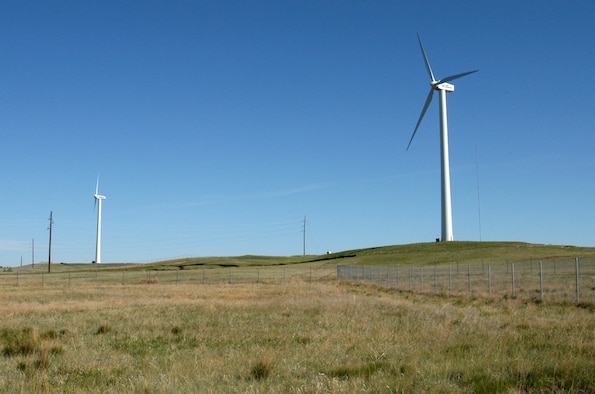 Two of the three wind turbines in operation at FE Warren AFB, Wyo. were paid for with Energy Conservation Investment Program dollars, which is centrally managed and executed by Air Force Civil Engineer Support Agency at Tyndall AFB, Fla. (U.S. Air Force courtesy photo)