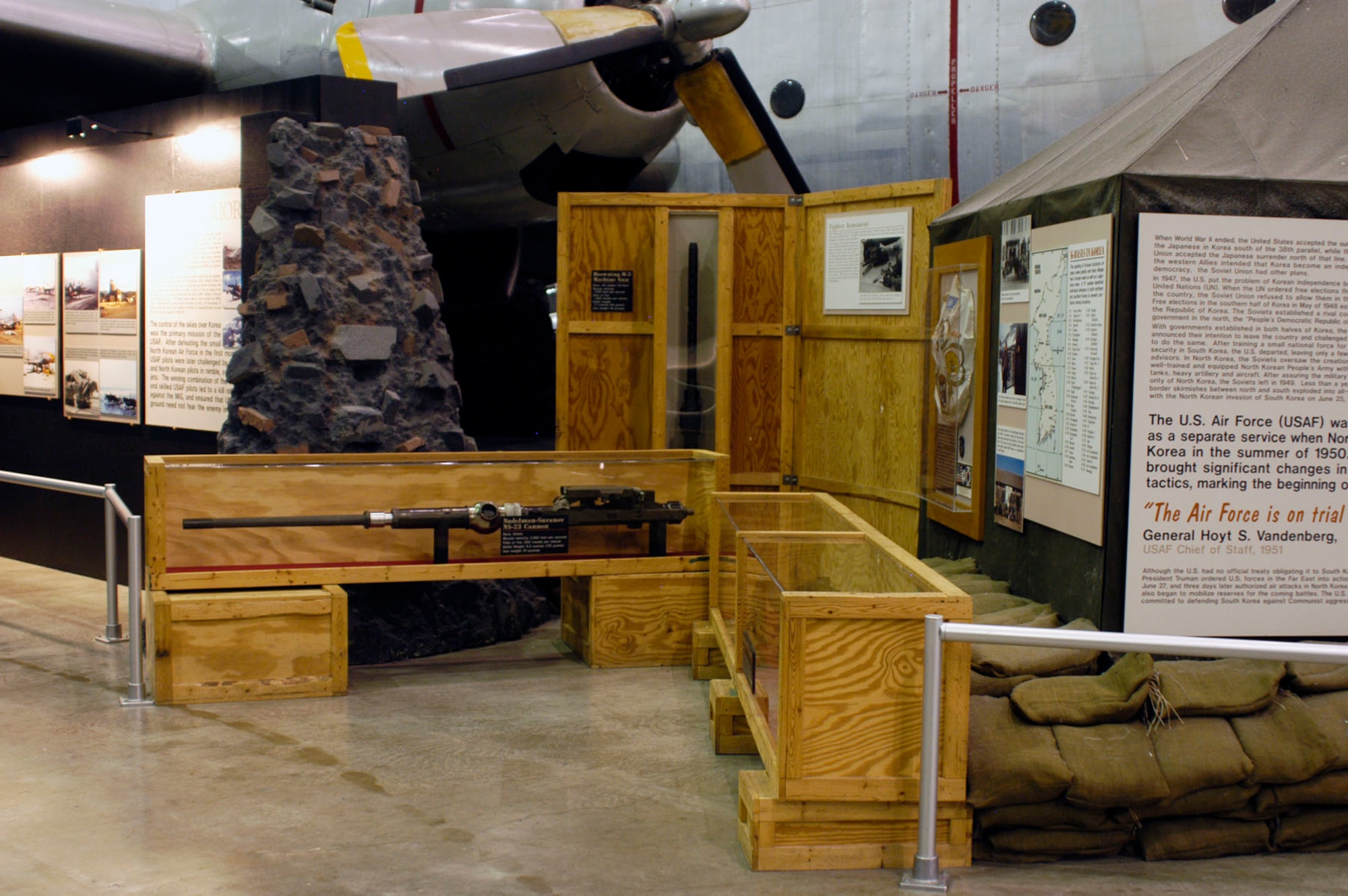 DAYTON, Ohio -- Browning M3 Machine Gun, Nudelman-Suranov NS-23 Cannon, and Nudelman N-37 Cannon on display in the Korean War Gallery at the National Museum of the U.S. Air Force. (U.S. Air Force photo)