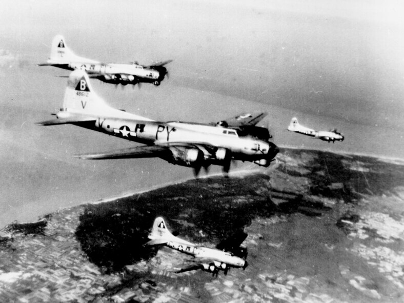 B-17s from the 92nd Bomb Group fly over Europe during World War II. (courtesy photo)