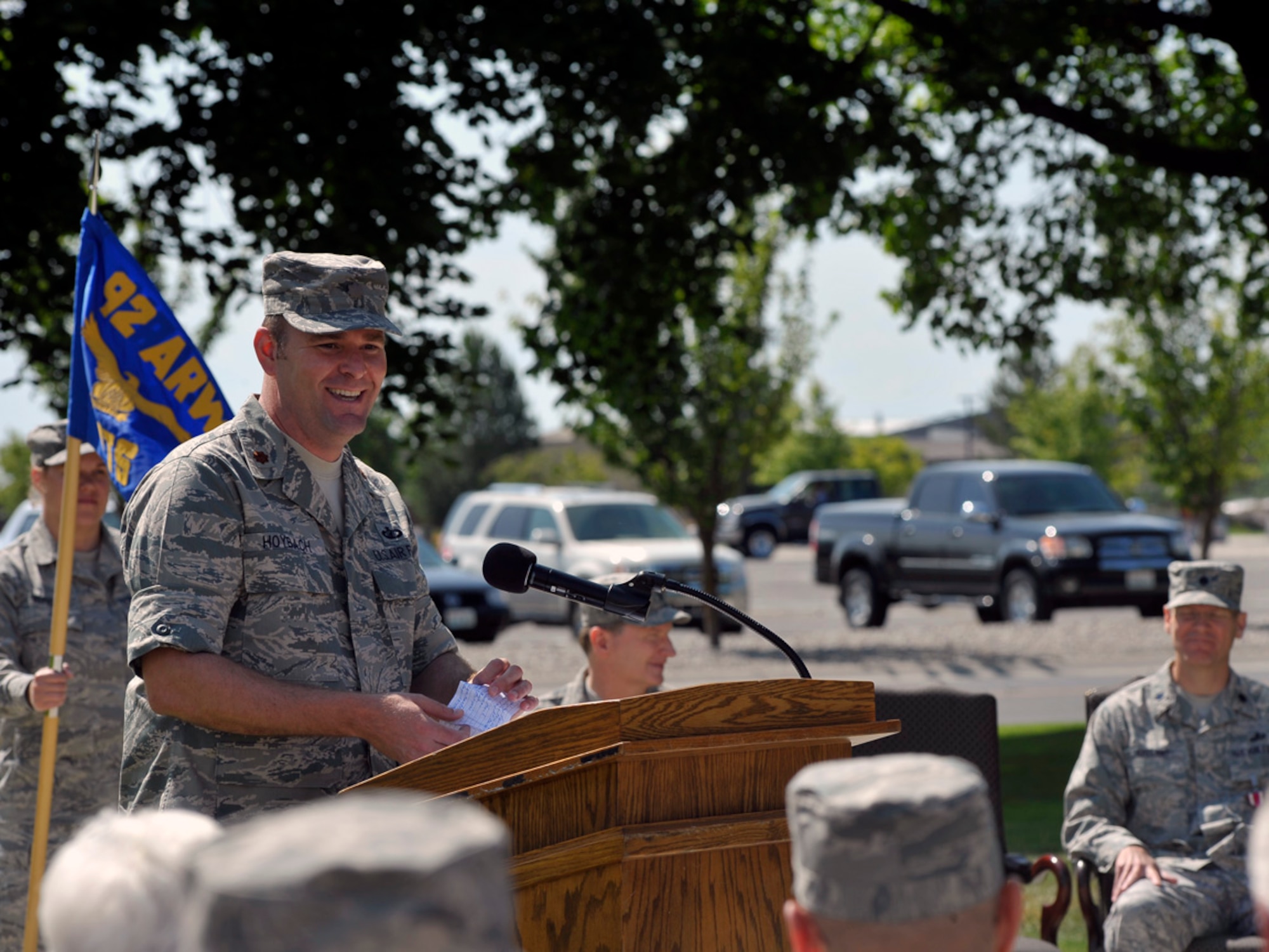 FAIRCHILD AIR FORCE BASE, Wash. – Major Brian Hoybach, 92nd Comptroller Squadron commander, reveals his goals and aspirations for the 92nd CPTS, during a Change of Command Ceremony, in front of the 92nd Air Refueling Wing Headquarters building here July 9. (U.S. Air Force photo / Airman 1st Class Melissa L. Carlino)
