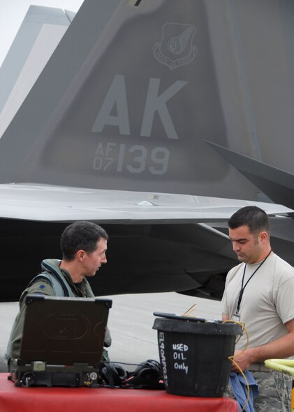 Lt. Col. Phil 'Axl' Rose, 477th Fighter Group Operations Support Flight Commander, and Tech. Sgt. Ben Waxenfelter, 477th FG Crew Chief, prepare for launch during the 477th FG Unit Training Assembly Saturday.  July's UTA marked the first opportunity since the group's activation in October 2007 that its Reservists were able to support, maintain and fly the F-22A Raptors. The 477th FG is the Air Reserve Command?s first F-22 unit and the first Reserve flying unit based in the Pacific theater of operations. (Air Force Photo / Maj. Cary McPartlin)  