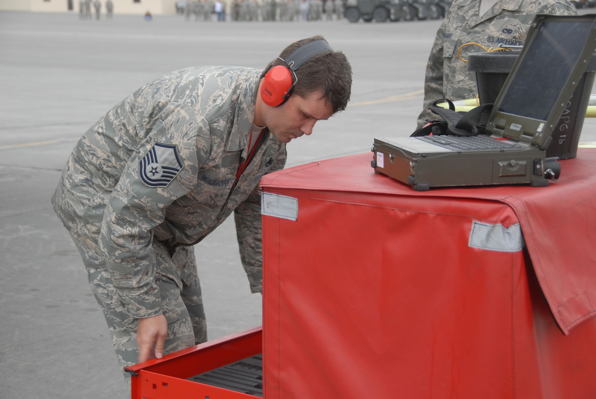 Production Superintendent Master Sgt. Scott Waugaman inspects a toolbox during the 477 Fighter Group Unit Training Assembly Saturday.  July's UTA marked the first opportunity since the group's activation in October 2007 that its Reservists were able to support, maintain and fly the F-22A Raptors. The 477th FG is the Air Reserve Command's first F-22 unit and the first Reserve flying unit based in the Pacific theater of operations.  (Air Force Photo / Maj. Cary McPartlin)