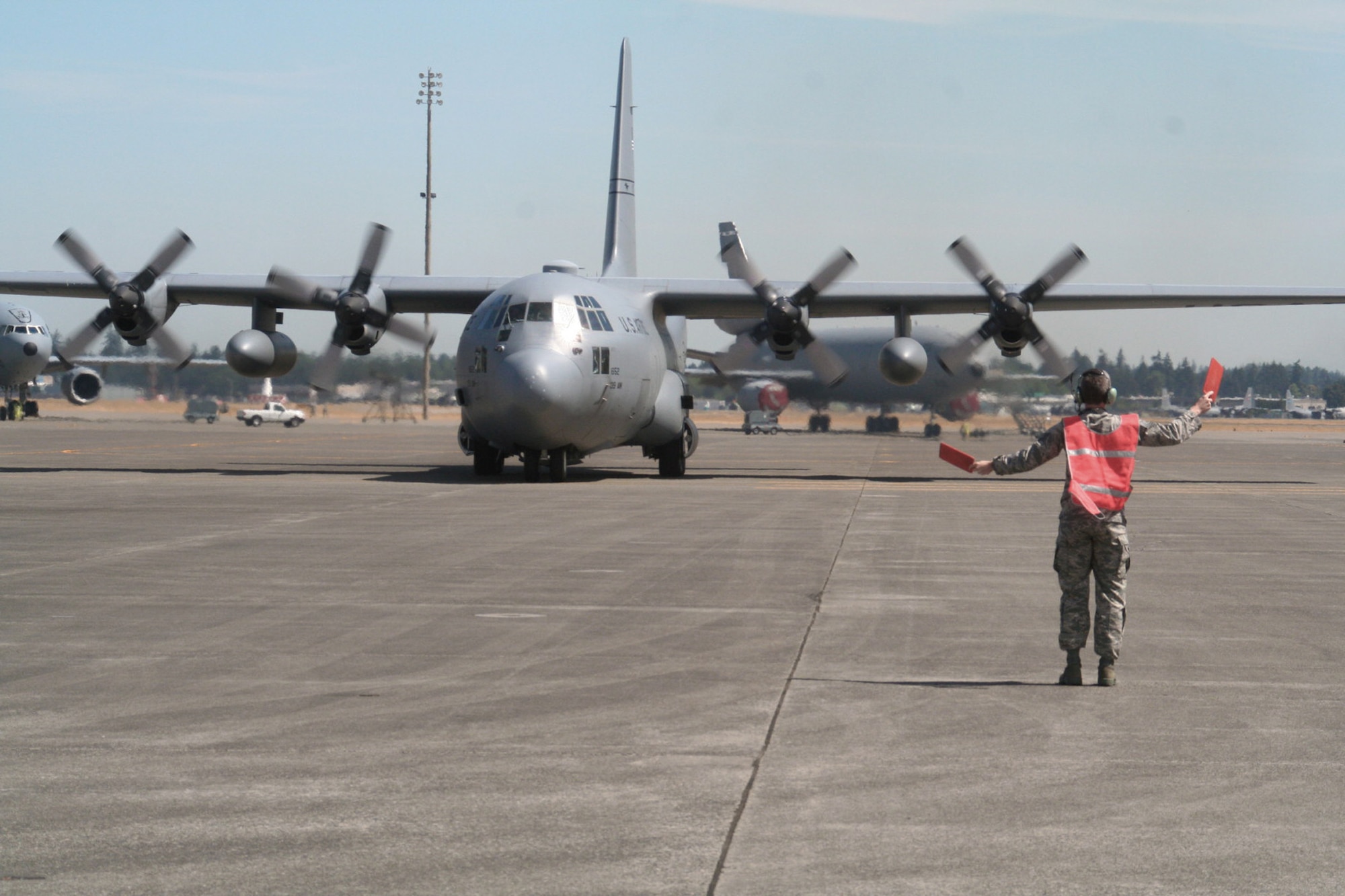 A C-130 Hercules from the 139th Airlift Wing of the Missouri Air National Guard taxies after completing a competition mission for Air Mobility Rodeo 2009 July 20 at McChord Air Force Base, Wash. More than 100 teams are participating in the competition including teams from seven foreign countries. (U.S. Air Force photo/Tech. Sgt. Scott T. Sturkol) 