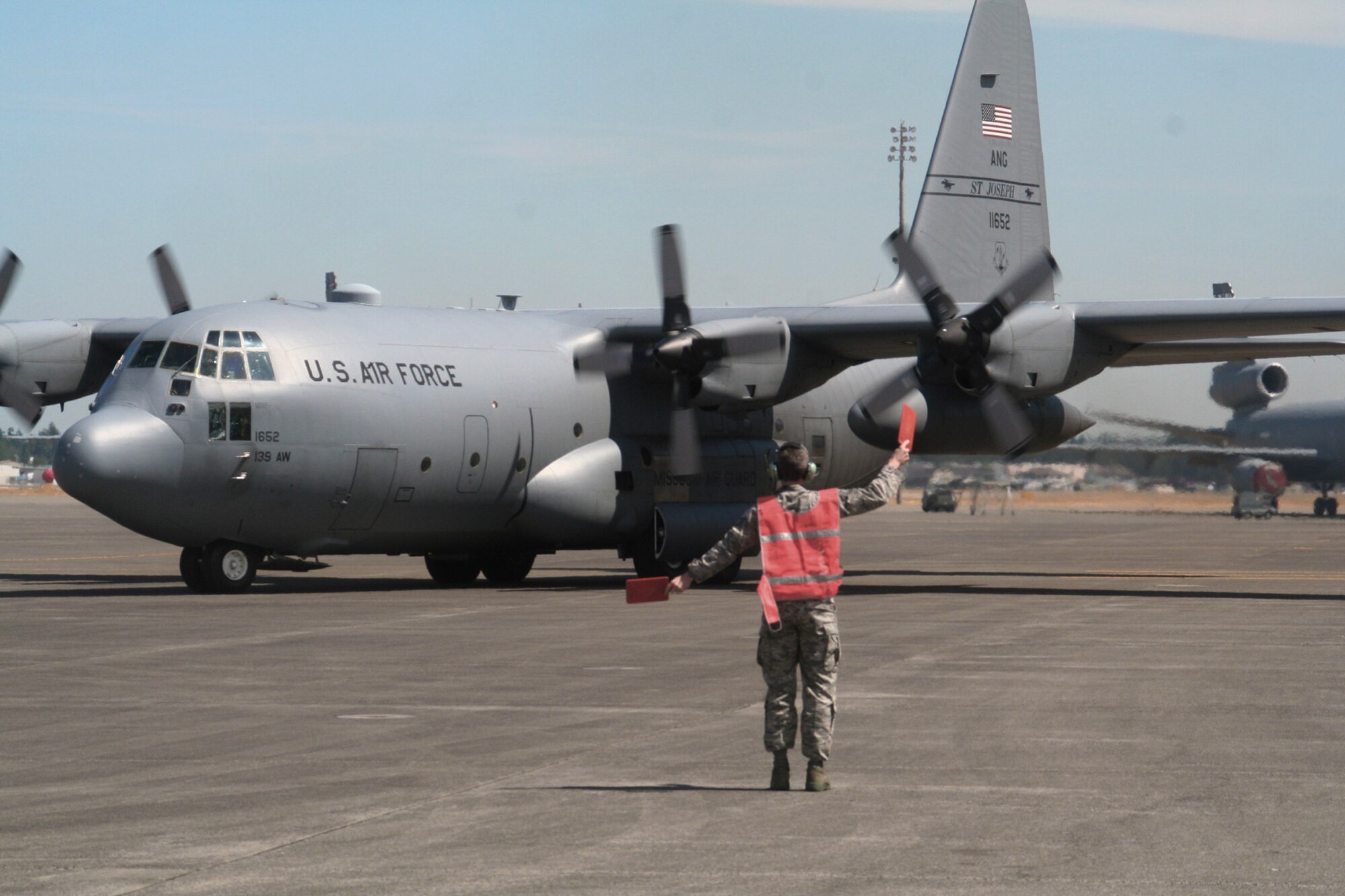 A C-130 Hercules from the 139th Airlift Wing of the Missouri Air National Guard taxies after completing a competition mission for Air Mobility Rodeo 2009 July 20 at McChord Air Force Base, Wash. More than 100 teams are participating in the competition including teams from seven foreign countries. (U.S. Air Force photo/Tech. Sgt. Scott T. Sturkol) 