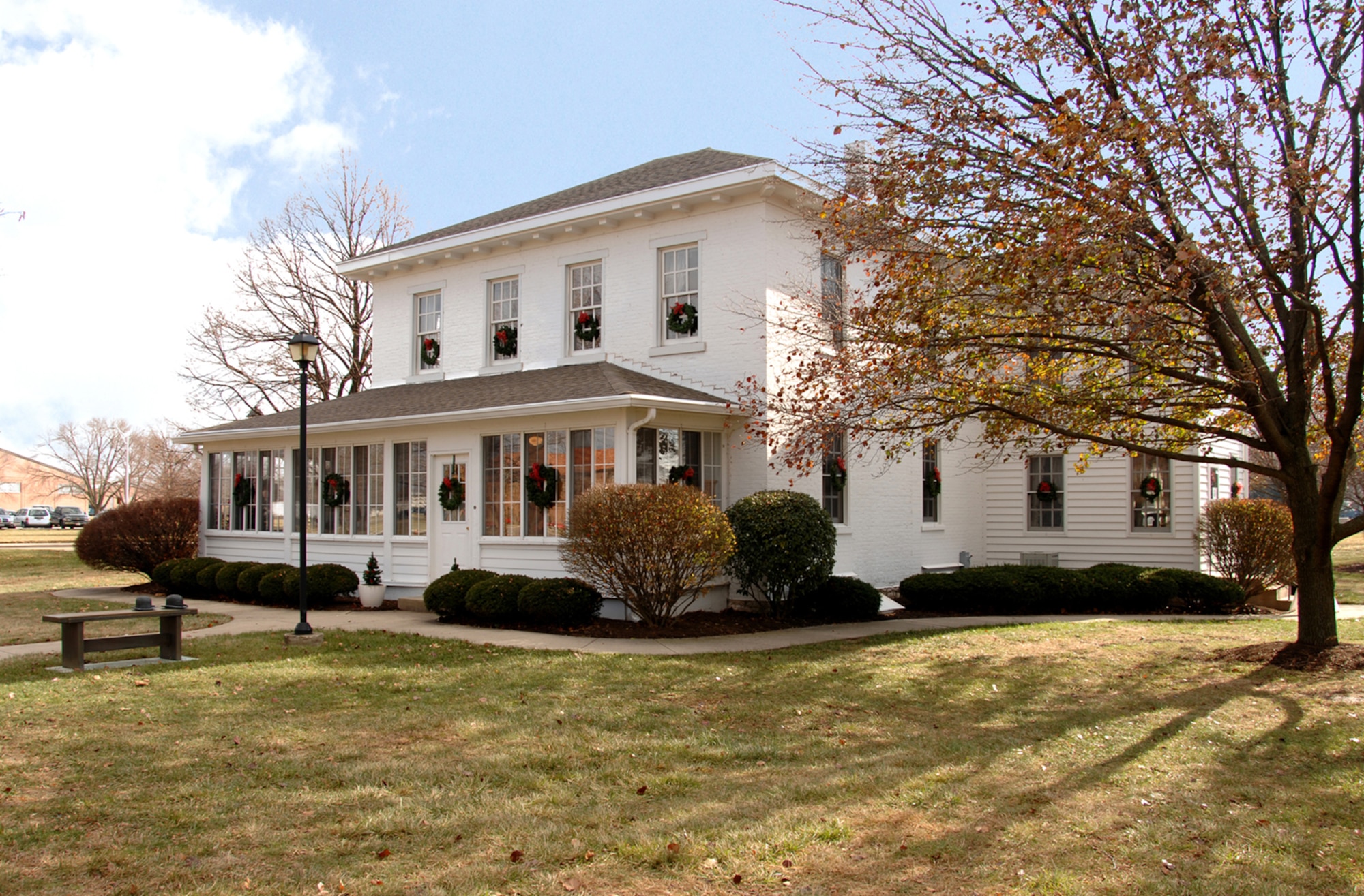 Arnold House, the oldest structure at Wright-Patterson Air Force Base, was originally built by bridge engineer Henry Hebble in 1842.  It was home to a number of notable residents, including Maj. Henry A. "Hap" Arnold.  Arnold would later become the leader of the U.S. Army Air Forces during World War II and the Air Force's only five-star general. The home is now a heritage center used for special events. (Air Force photo by Ben Strasser) 