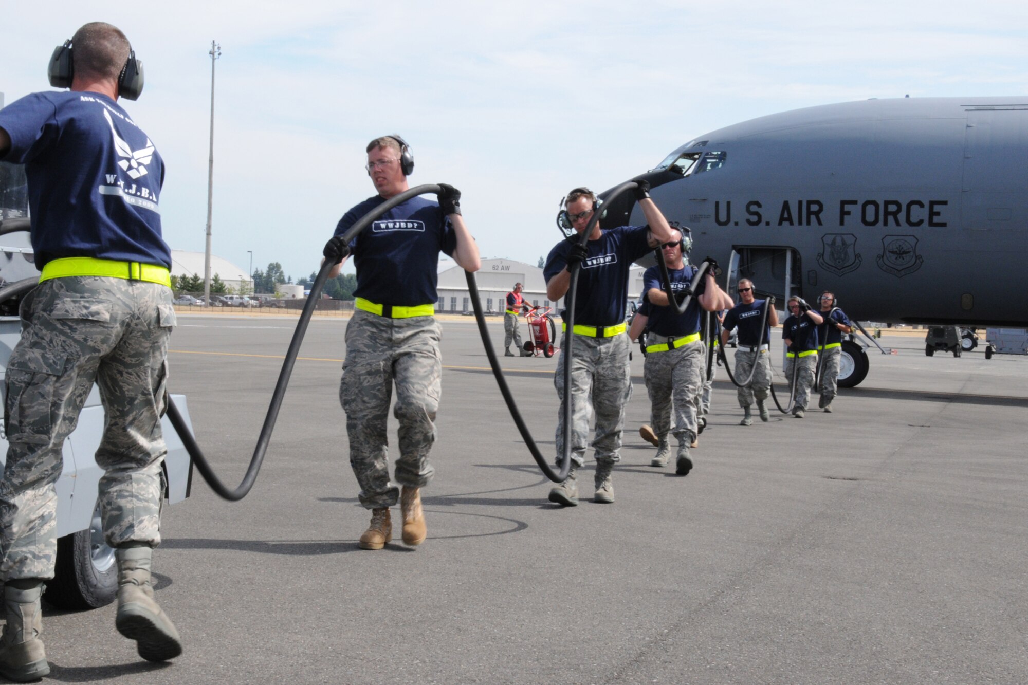 MCCHORD AIR FORCE BASE, Wash. -- 916th Air Refueling Wing maintainers remove a power cord from a KC-135R Stratotanker prior to launch during Air Mobility Command's Rodeo competition, being held this week. (U.S. Air Force photo by: TSgt. Scotty Sweatt)