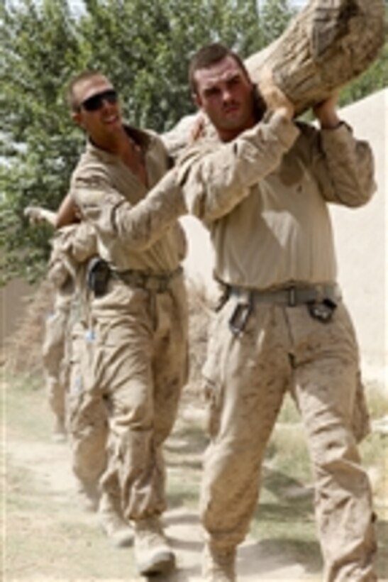 U.S. Marines with 1st Platoon, Alpha Company, 1st Battalion, 5th Marine Regiment carry a log to a canal to make a bridge outside their patrol base in the Nawa District, Helmand province, Afghanistan, on July 9, 2009.  The Marines are deployed to support NATO's International Security Assistance Force and will participate in counter insurgency operations.  They will train and mentor Afghan National Security Forces to improve security and stability in the country.  
