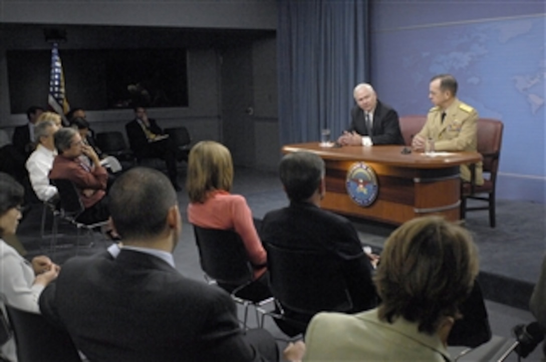 Secretary of Defense Robert M. Gates and Chairman of the Joint Chiefs of Staff Adm. Mike Mullen, U.S. Navy, conduct a press briefing in the Pentagon to discuss the issues currently facing the Department of Defense on July 20, 2009.  