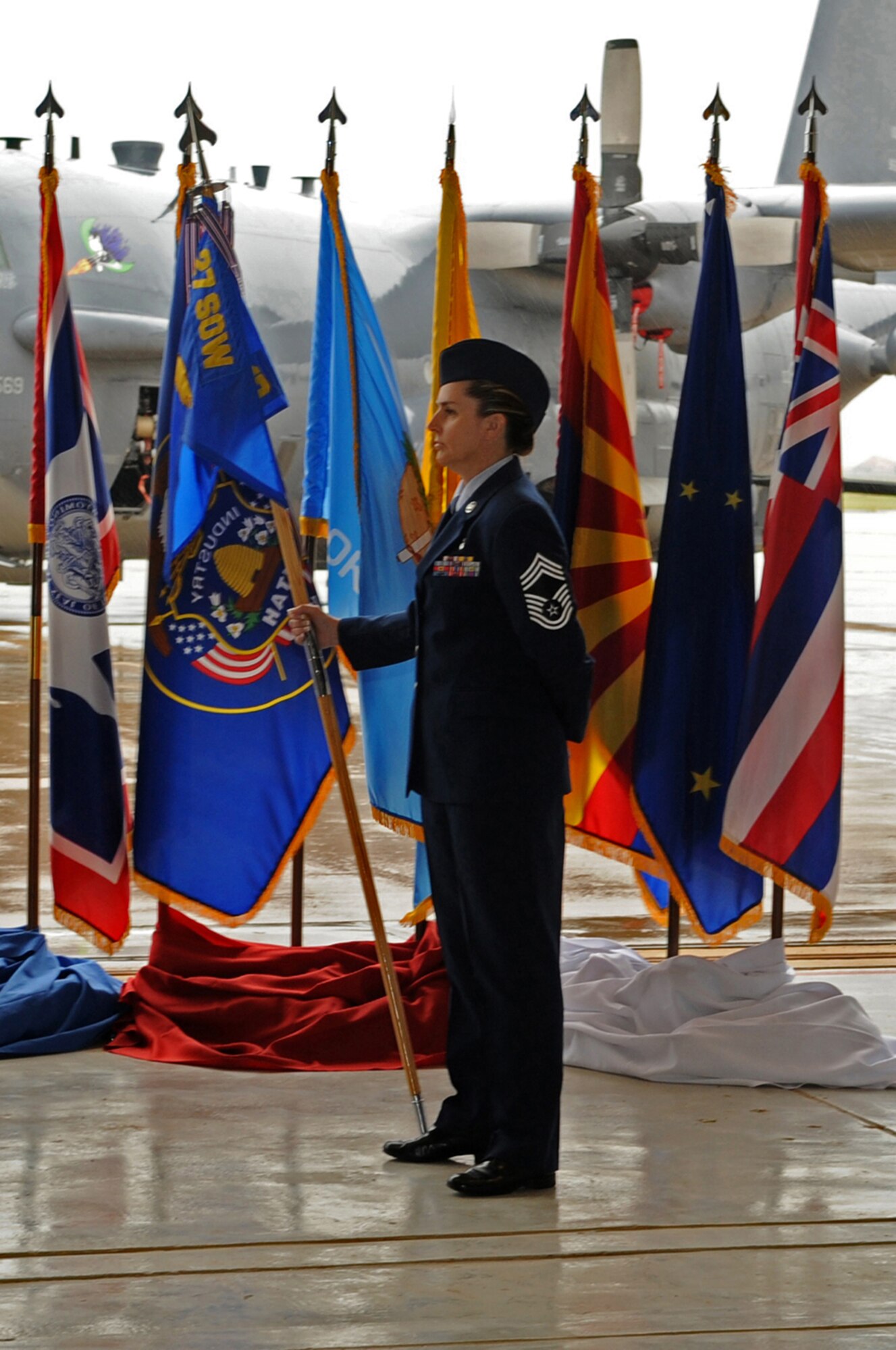 CANNON AFB, N.M.--Chief Master Sgt. Stephanie Powell, 27th Special Operations Medical Group, holds the group guidon in preparation for the Medical Group Change of Command ceremony, July 22. The Change of Command ceremony is a military tradition that passes the group guidon from the outgoing commander to the incoming commander. (U.S. Air Force photo by Staff Sgt. Heather R. Redman/RELEASED)