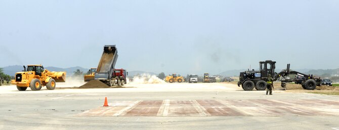 The Airfield Damage Repair team from the 51st Civil Engineer Squadron make and fill craters on the simulated flightline during exercise Beverly Bulldog 09-03 at Osan Air Base, Republic of Korea, July 22. (U.S. Air Force photo/Senior Airman Stephenie Wade)