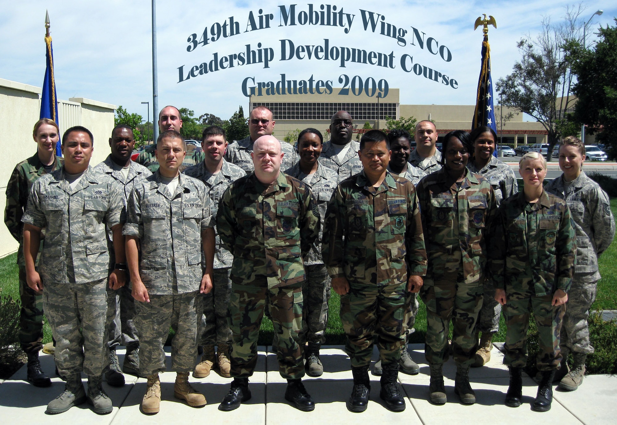 TRAVIS AIR FORCE BASE, Calif. -- Fourteen enlisted members of the 349th Air Mobililty Wing recently graduated from the Noncommissioned Office Leadership Development Course. The two-week course, offered locally to military members, assists in their career growth and development of leadership skills. For more information about the NCOLDC contact the 349th Mission Support Squadron at 707-424-1615.  Pictured back to front, left to right: Staff Sgt. Ian Hellstrom, Tech. Sgt. Will Balckwell, Tech. Sgt. David Smith, Tech. Sgt. Alfred Hall; (middle row) Tech. Sgt. Stephanie Delmore, Master Sgt. Carl VanDiver (facilitator) Staff Sgt. Mickey Gibbs, Staff Sgt. Ann Marie Lakes, Tech. Sgt. Kyla Bowie, Tech. Sgt. Andrea Johnson (facilitator); (front row) Staff Sgt. Johathan Mariano, Tech. Sgt. Michael Quesada, Tech. Sgt. Douglass Austin, Tech. Sgt. Bernardo Tinaliga, Staff Sgt. Sherlyn Wilson and Staff Sgt. Bethany Hansis.  (U.S. Air Force courtesy photo)