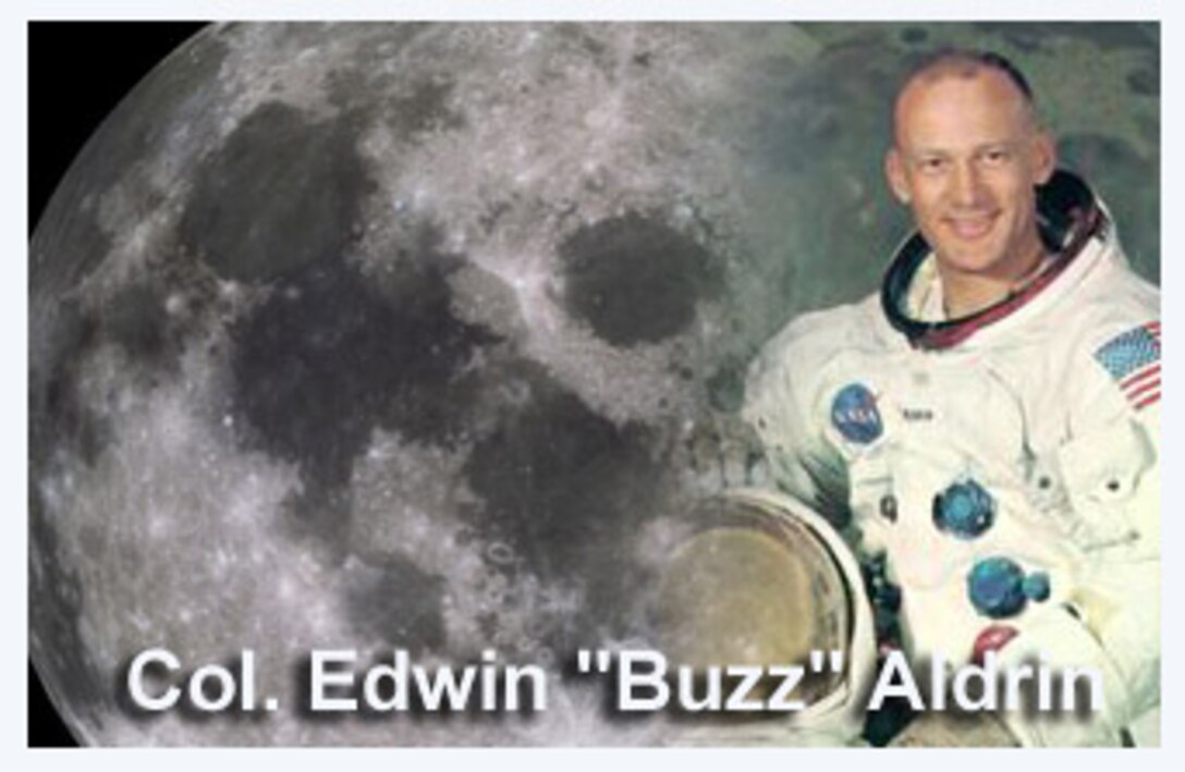 Col. Buzz Aldrin was the second person to walk on the moon July 20, 1969. He was the lunar module pilot who followed in the footsteps of Neil Armstrong's historic "one small step for man." (NASA image, U.S. Air Force illustration)