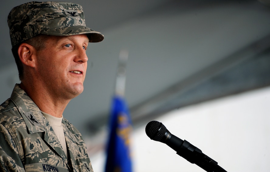 MOODY AIR FORCE BASE, Ga. -- Col. Mark Koppen, incoming 23rd Medical Group commander, gives his first remarks during a change of command ceremony here July 21. (U.S. Air Force photo by Airman 1st Class Joshua Green)