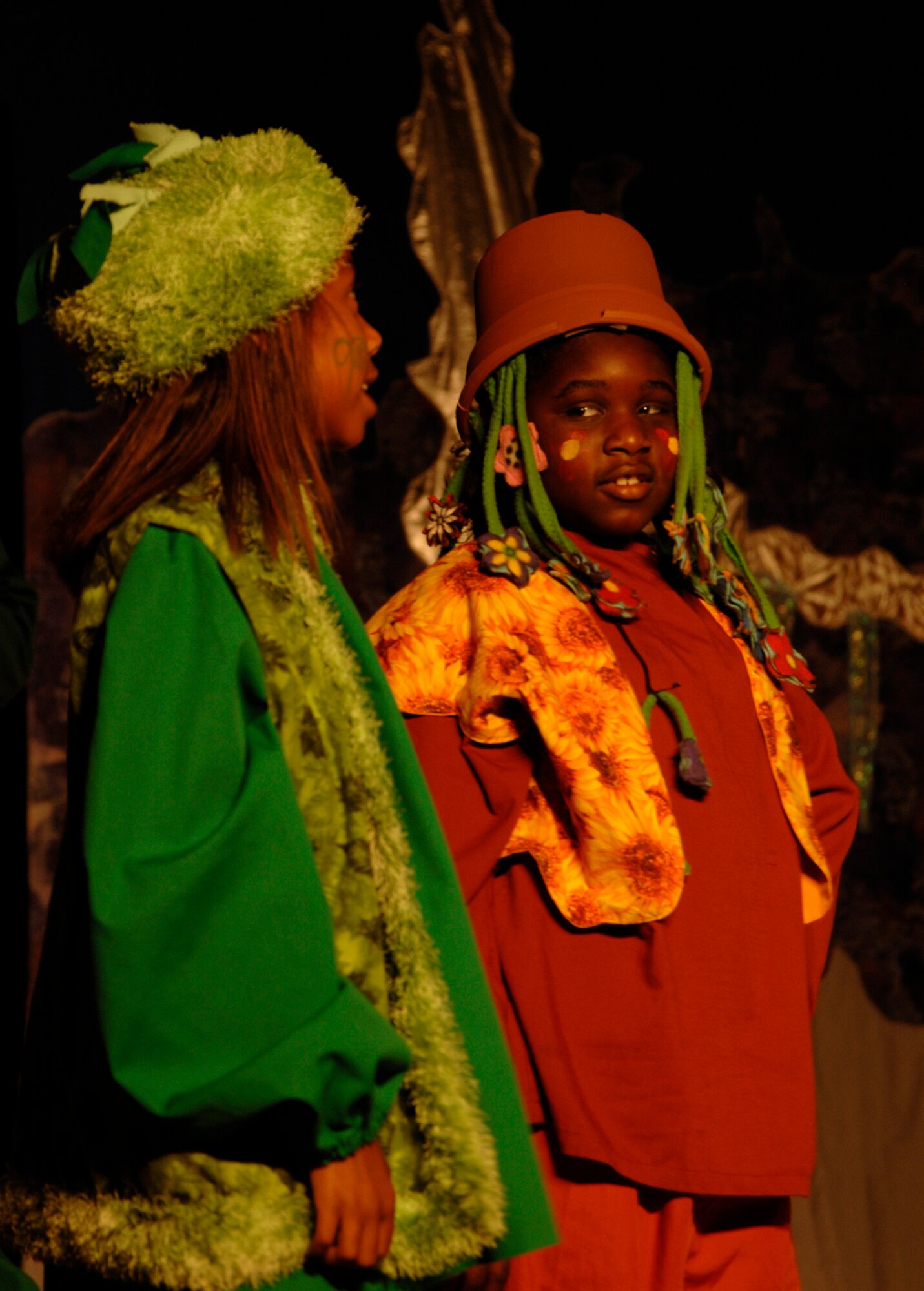 MCCONNELL AIR FORCE BASE, Kan. -- Demia Terry and TyDasia Davis perform at the base theater in the Missoula Children’s Theatre’s rendition of “The Princess and the Pea” written by Michael McGill, July 18. More than 50 children performed in the play that took less than a week to learn. (Photo by Senior Airman Laura Suttles)