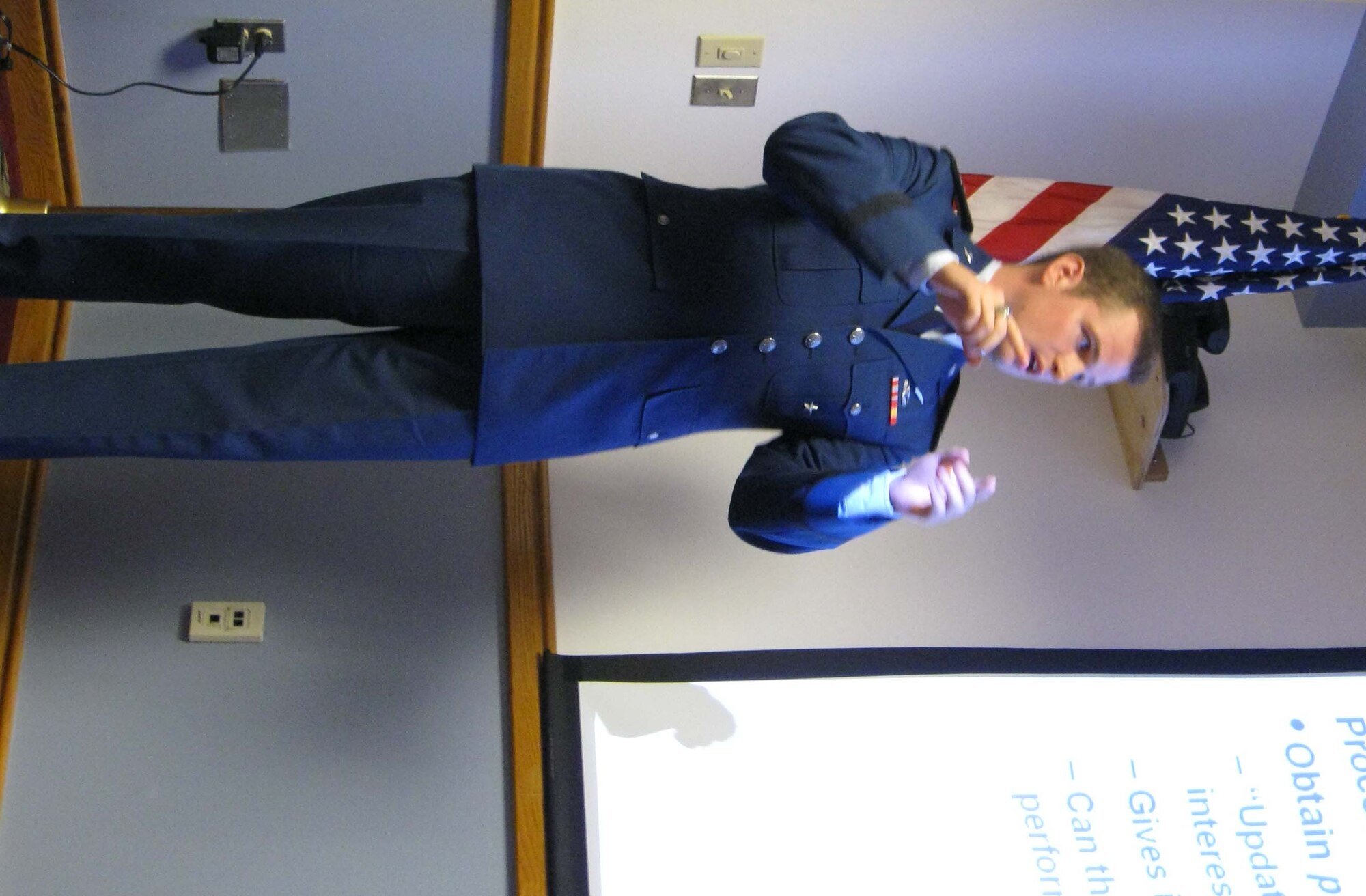 Cadet Cary Reeves explains his work on Bayesian analytic methods to Air Force Operational Test and Evaluation Center personnel at Kirtland Air Force Base, N.M., at the end of the five-week U.S. Air Force Academy Cadet Summer Research Program. AFOTEC hosted the USAFA program for a second year at locations in California, Colorado, Florida, Nevada, and AFOTEC’s headquarters at Kirtland. (U.S. Air Force photo).