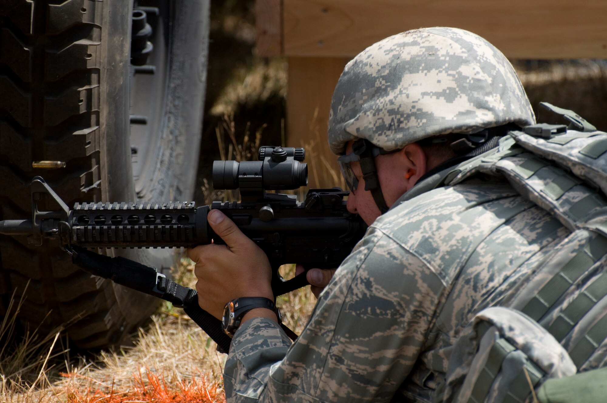 Master Sgt. Danny Christ, 43rd Security Forces Squadron, competes in the Security Forces Combat Weapons Course, July 20. Sergeant Christ was a standout performer in the 2009 Air Mobility RODEO. Team Pope is one of more than 100 teams participating in RODEO competition, including teams from seven foreign countries. (U.S. Photo by Tech. Sgt. Steven Kennedy)