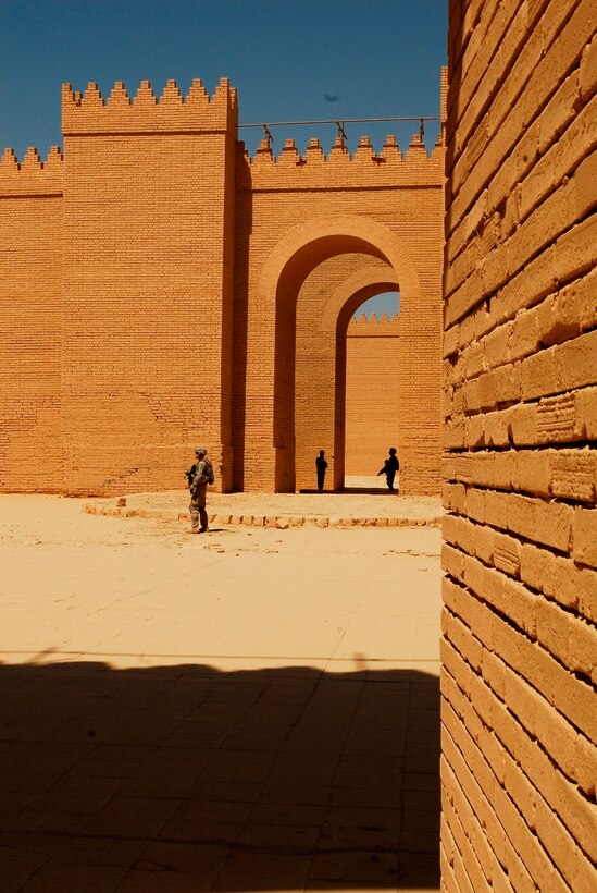 Soldiers stand guard within the walls of the ancient city of Babylon, July 18, 2009. Some of the ruins were reconstructed by Saddam Hussein. U.S. Army photo by Sgt. Debralee P. Crankshaw
