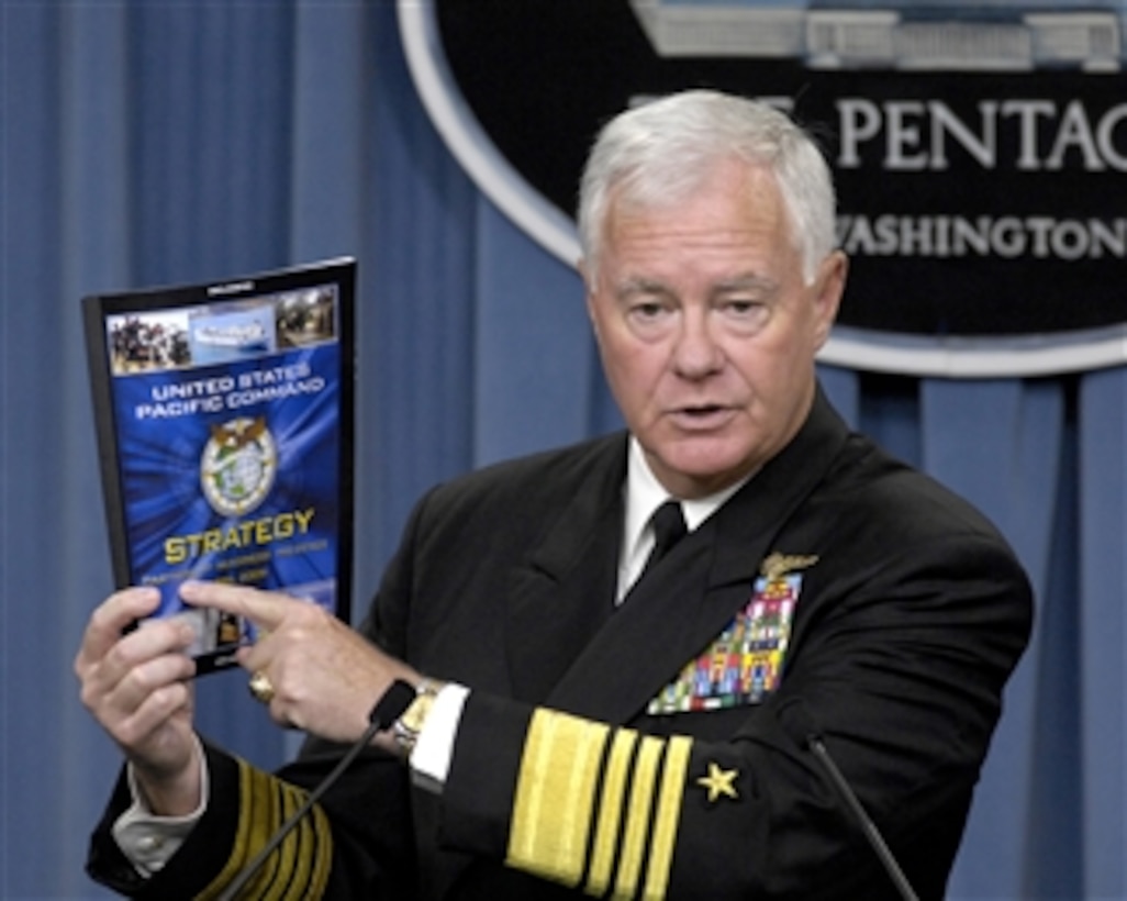 Commander of the U.S. Pacific Command Adm. Timothy J. Keating, U.S. Navy, holds a press briefing to update reporters on some of the activities over the past year of his broad geographical command in the Pentagon on July 22, 2009.  