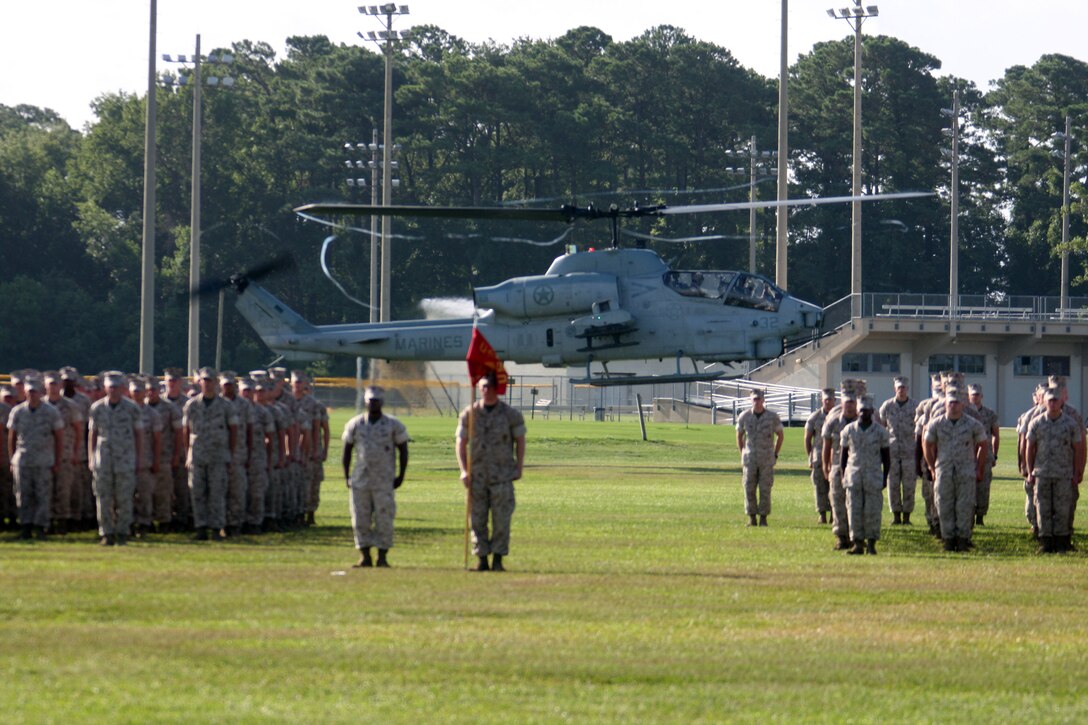 An AH-1W "Super Cobra" lands during the 24th Marine Expeditionary Unit's Activation Ceremony at W.P.T. Hill Field Camp Lejeune, NC on July 22, 2009. The 24th Marine Expeditionary Unit will now begin training for their upcoming deployment. (US Marine Corps photo by Sgt Andrew J. Carlson)