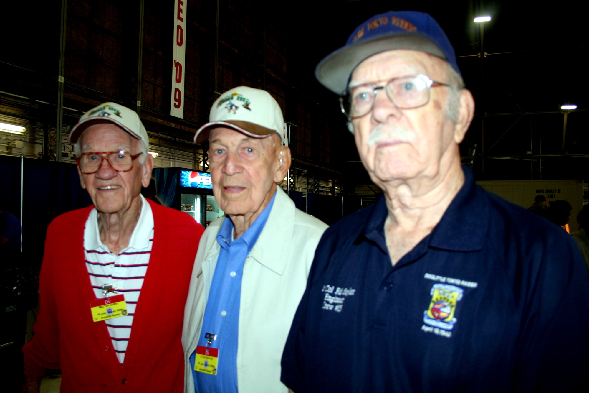 Three veterans of the Doolittle Raid over Tokyo, Japan, of April 18, 1942, visited Air Mobility RODEO 2009 at McChord Air Force Base, Wash., July 22, 2009.  They include, from left, retired Lt. Col. Richard E. Cole, retired Maj. Thomas C. Griffin, and retired Lt. Col. Edward J. Saylor. (U.S. Air Force Photo/Tech. Sgt. Scott T. Sturkol)