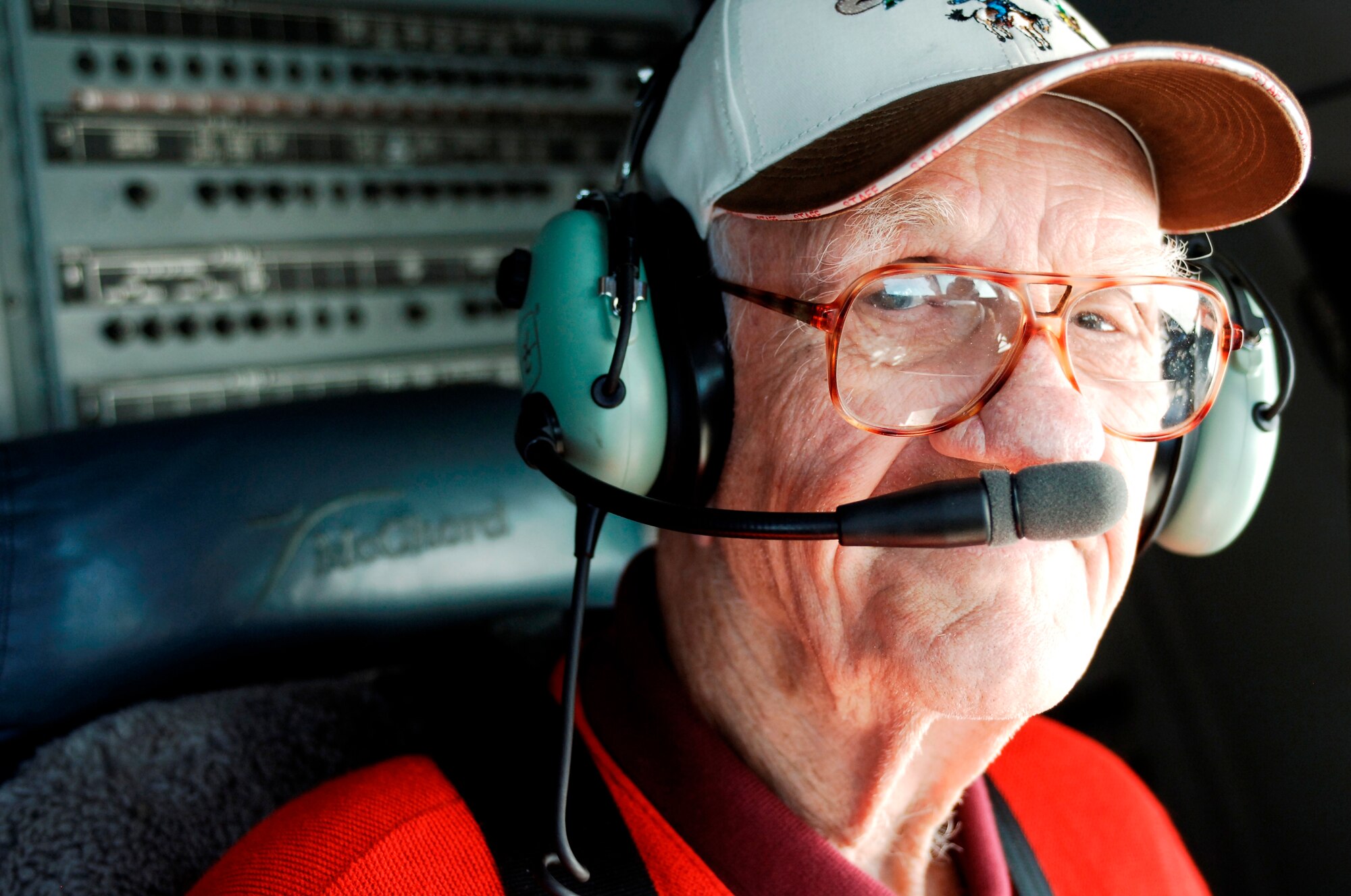Retired Maj. Thomas Griffin, pictured here, was a navigator on the famed Doolittle Raiders mission into Japan after the attacks on Pearl Harbor brought the U.S. into World War II. Major Griffin was invited on an orientation flight on a C-17 Globemaster III flown by a crew from Dover Air Force Base, Del., during the Air Mobility RODEO 2009 competition, July 23. (U.S. Air Force photo/Senior Airman Emerald Ralston)
