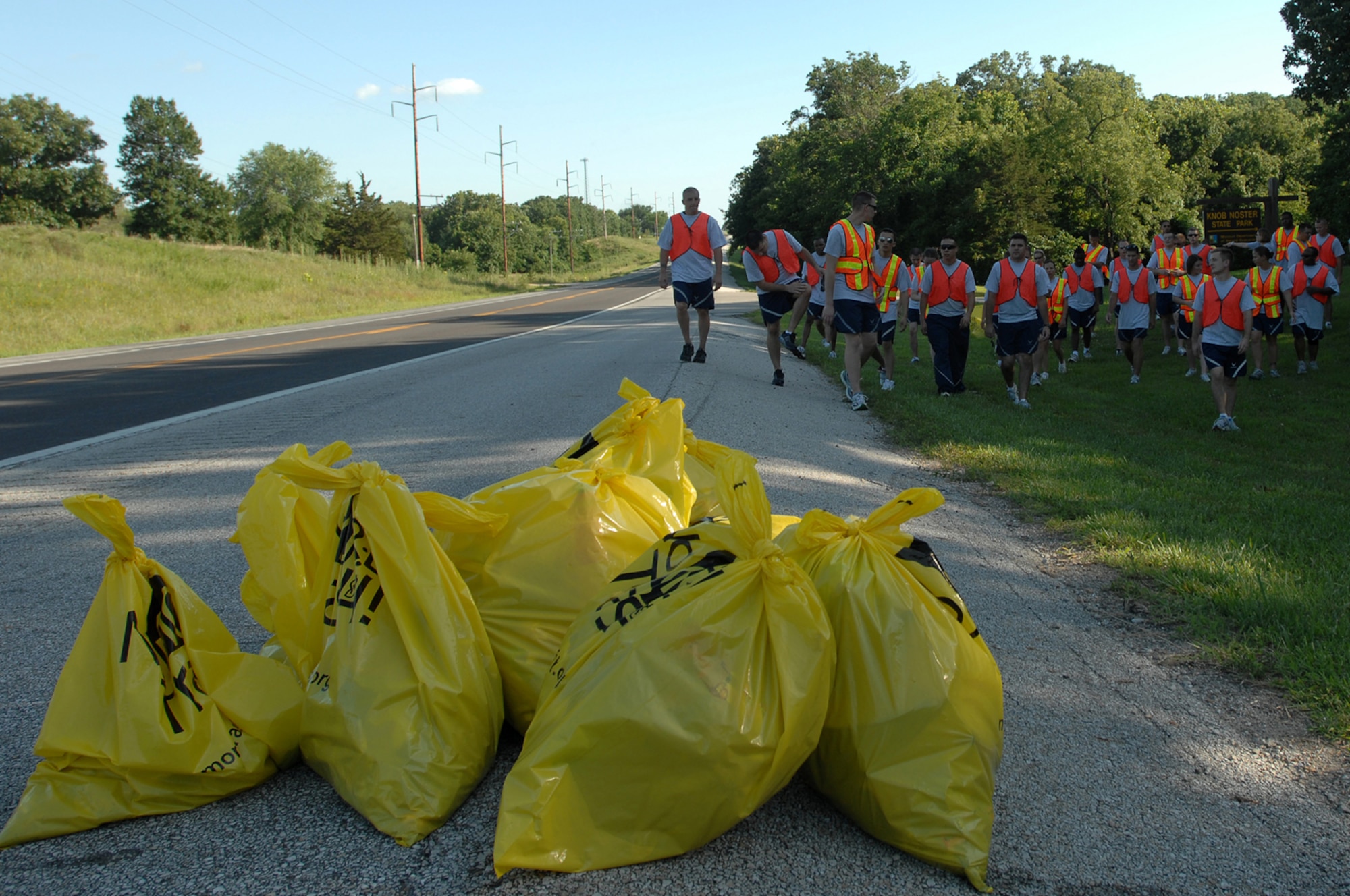 KNOB NOSTER, Mo. – U.S. Air Force Senior Airmen and Staff Sgt’s attending Airman Leadership School at Whitman participate in a class community project called “road-side cleanup” July 22 to help keep Missouri highway road sides trash free. While attending ALS Airmen are to put together a community service project as a part of the class curriculum. ALS is a course designed to help sharpen the leadership skills of senior airmen about to become non-commissioned officers. (U.S. Air Force photo/Senior Airman Kenny Holston)   