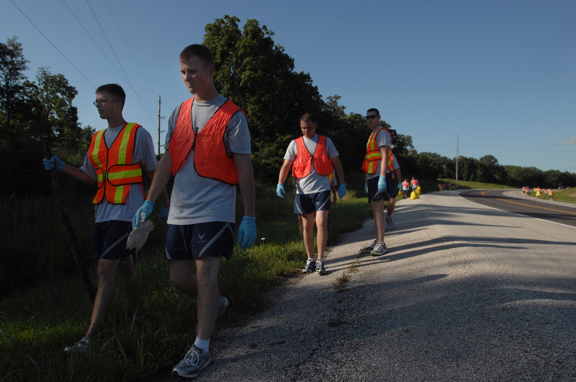 KNOB NOSTER, Mo. – U.S. Air Force Senior Airmen and Staff Sgt’s attending Airman Leadership School at Whitman participate in a class community project called “road-side cleanup” July 22 to help keep Missouri highway road sides trash free. While attending ALS Airmen are to put together a community service project as a part of the class curriculum. ALS is a course designed to help sharpen the leadership skills of senior airmen about to become non-commissioned officers. (U.S. Air Force photo/Senior Airman Kenny Holston)   
