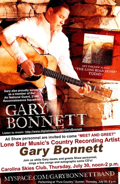 SHAW AIR FORCE BASE, S.C. -- Country singer and Arizona Air National Guardsman Gary Bonnett will perform during a meet-and-greet at Carolina Skies, July 30. (Courtesy image)
