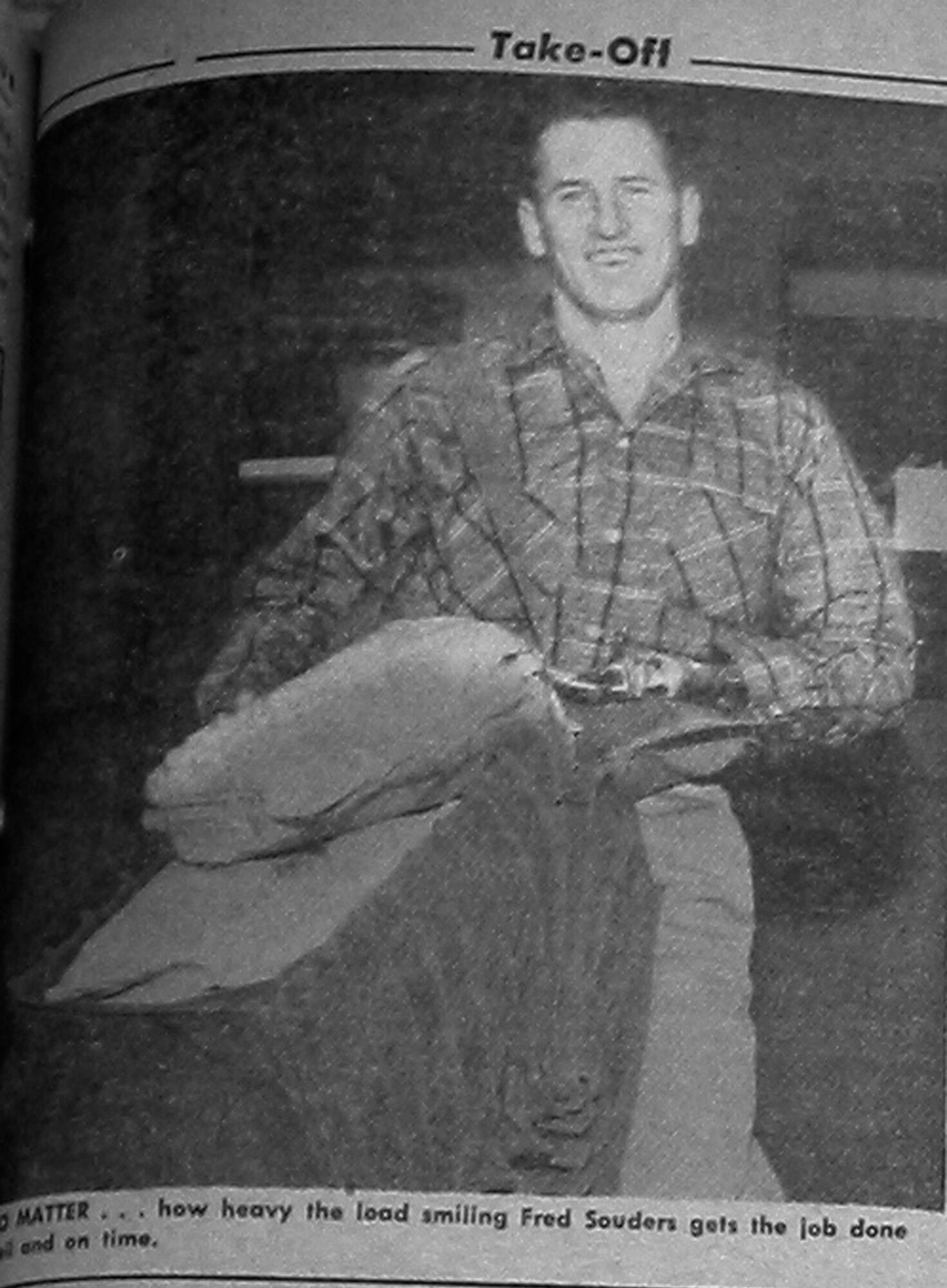 The caption on this photo from the Oct. 10, 1957 issue of the Tinker Take Off reads: “No matter how heavy the load smiling Fred Souders gets the job done well and on time.”