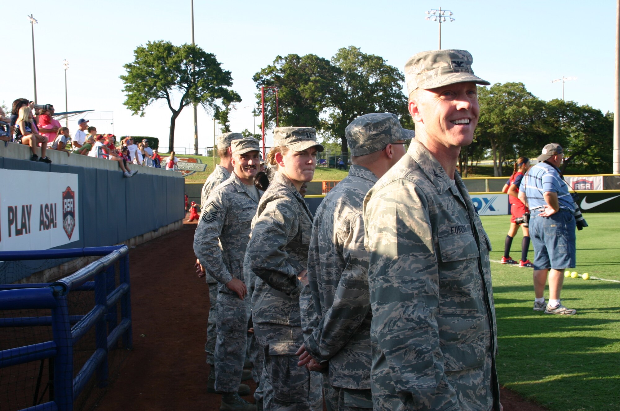 Col. Scott Forest, vice commander, 552 ACW, and ten other Airmen from the 552nd Air Control Wing were recognized as part of Military Appreciation Night at the World Cup of Softball July 17.