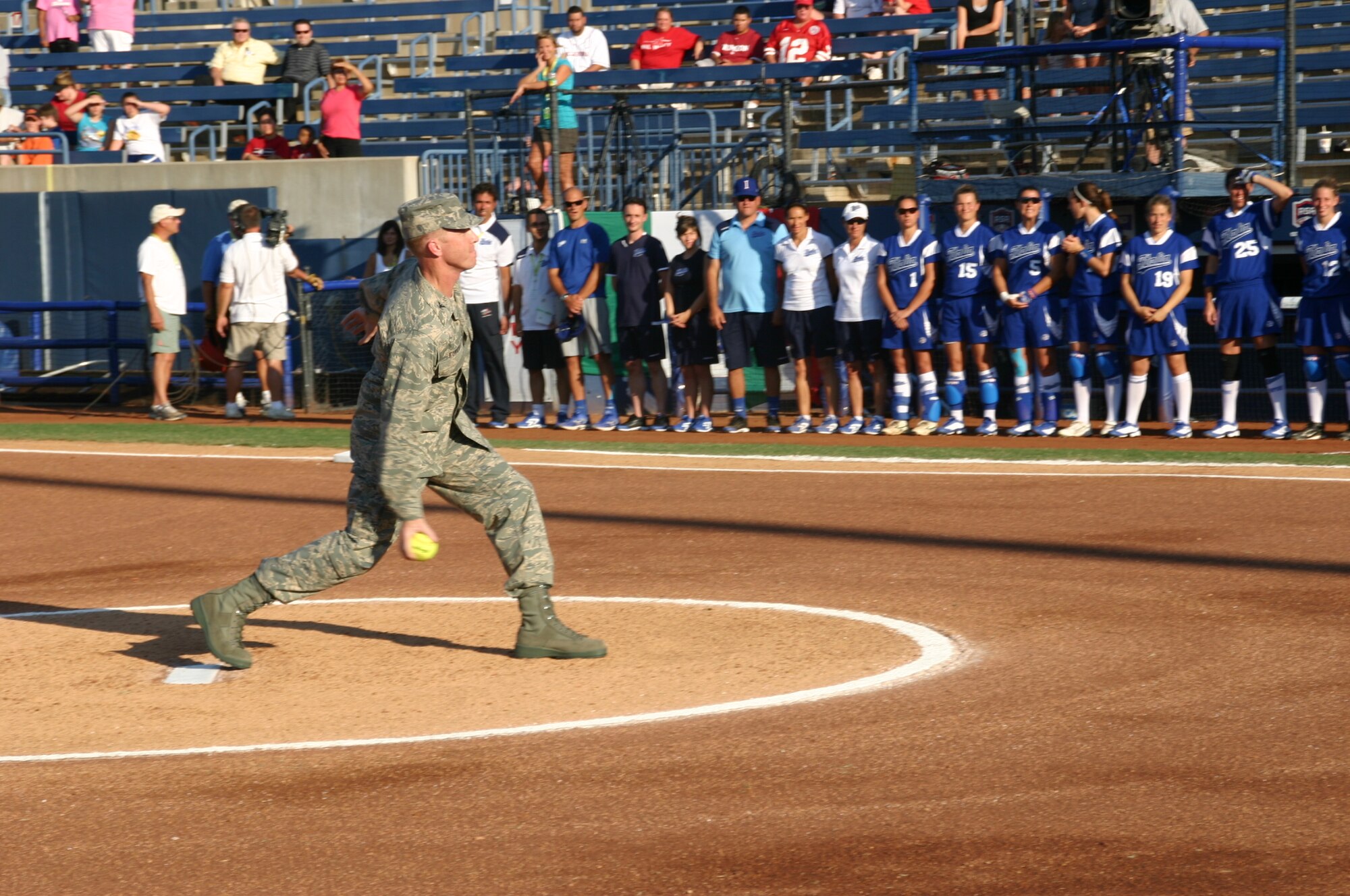 Col. Scott Forest, vice commander, 552 ACW, was invited to throw the first pitch of the game as part of Military Appreciation Night at the World Cup of Softball July 17.