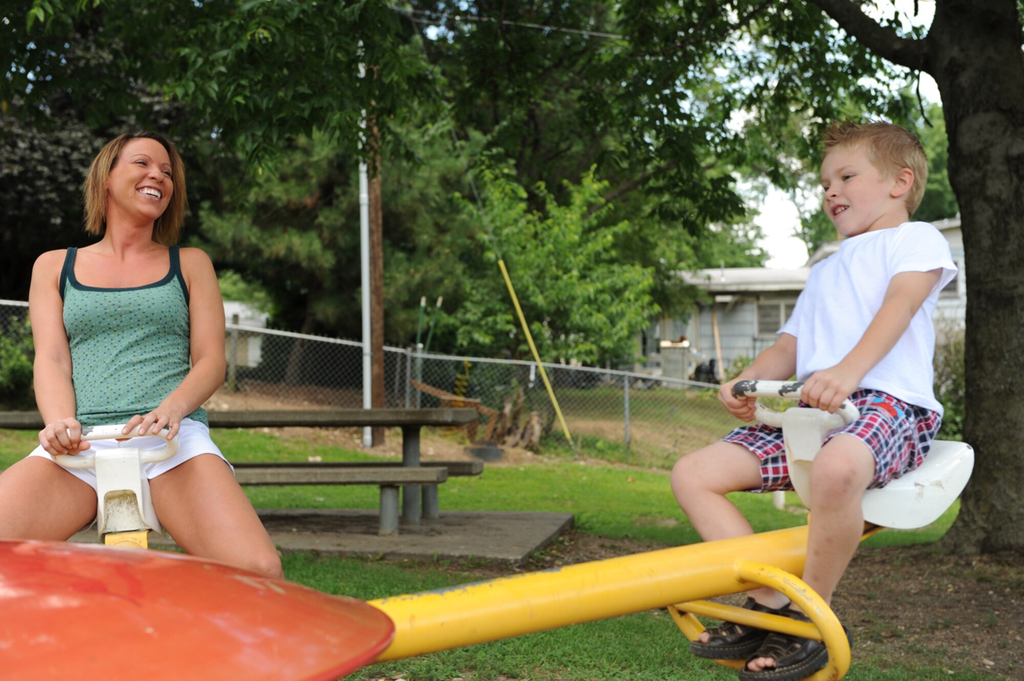 WHITEMAN AIR FORCE BASE Mo. – Senior Airman Amanda McLeskey and her son Austin are enjoying a day in the Knob Noster city park Saturday. Spending quality time together is something that can be beneficial to both civilian and military parents alike. (U.S. Air Force photo/Airman 1st Class Carlin Leslie)