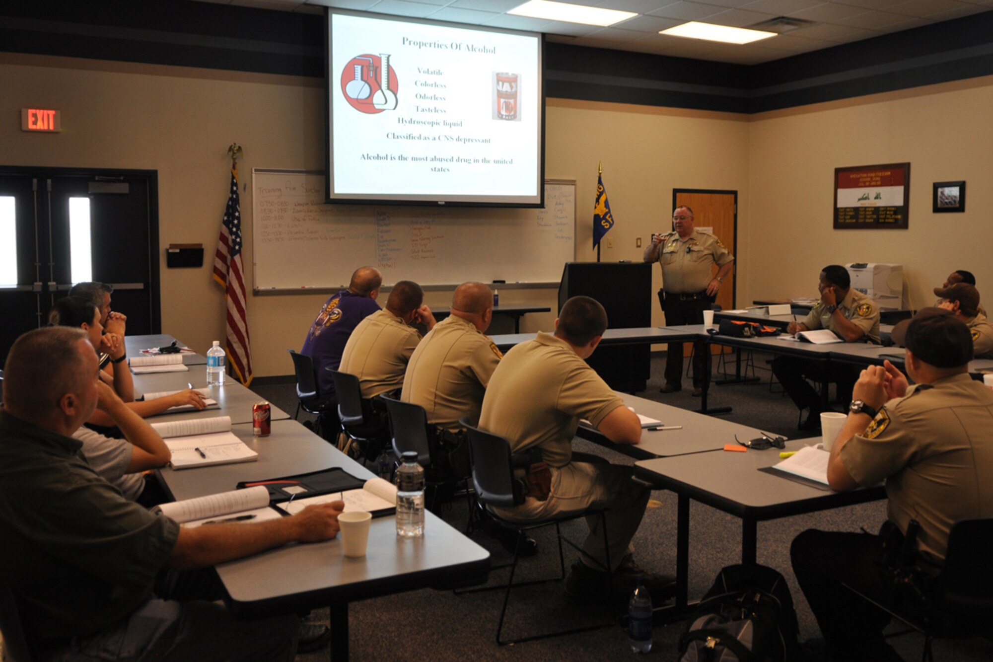 Corporal Rick Porter, Caddo Parish Sheriff’s Office, instructs local law enforcement officers during Standardize Field Sobriety Test training at the 917th Security Forces Squadron facility on Barksdale Air Force Base, La., July 21, 2009. The five days of training covers the three field sobriety tests that comprise the Standardized Field Sobriety Test (STST), and other factors that prepare the officers, both civilian and military, to detect impaired persons as well as participate in the legal actions and courtroom procedures that an arrest may entail.(U.S. Air Force photo/Tech. Sgt. Jeff Walston) 