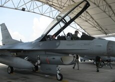 Senior Airman Katie Gieratz and Capt. James Mixon prepare for their local mission over South Carolina July 16. Airman Gieratz was nominated and selected to receive an F-16 incentive flight. Airman Gieratz is a photographer with the 437th Airlift Wing Public Affairs and Captain Mixon is an F-16 pilot in the 157th Fighter Squadron with the South Carolina Air National Guard. (Courtesy Photo)
