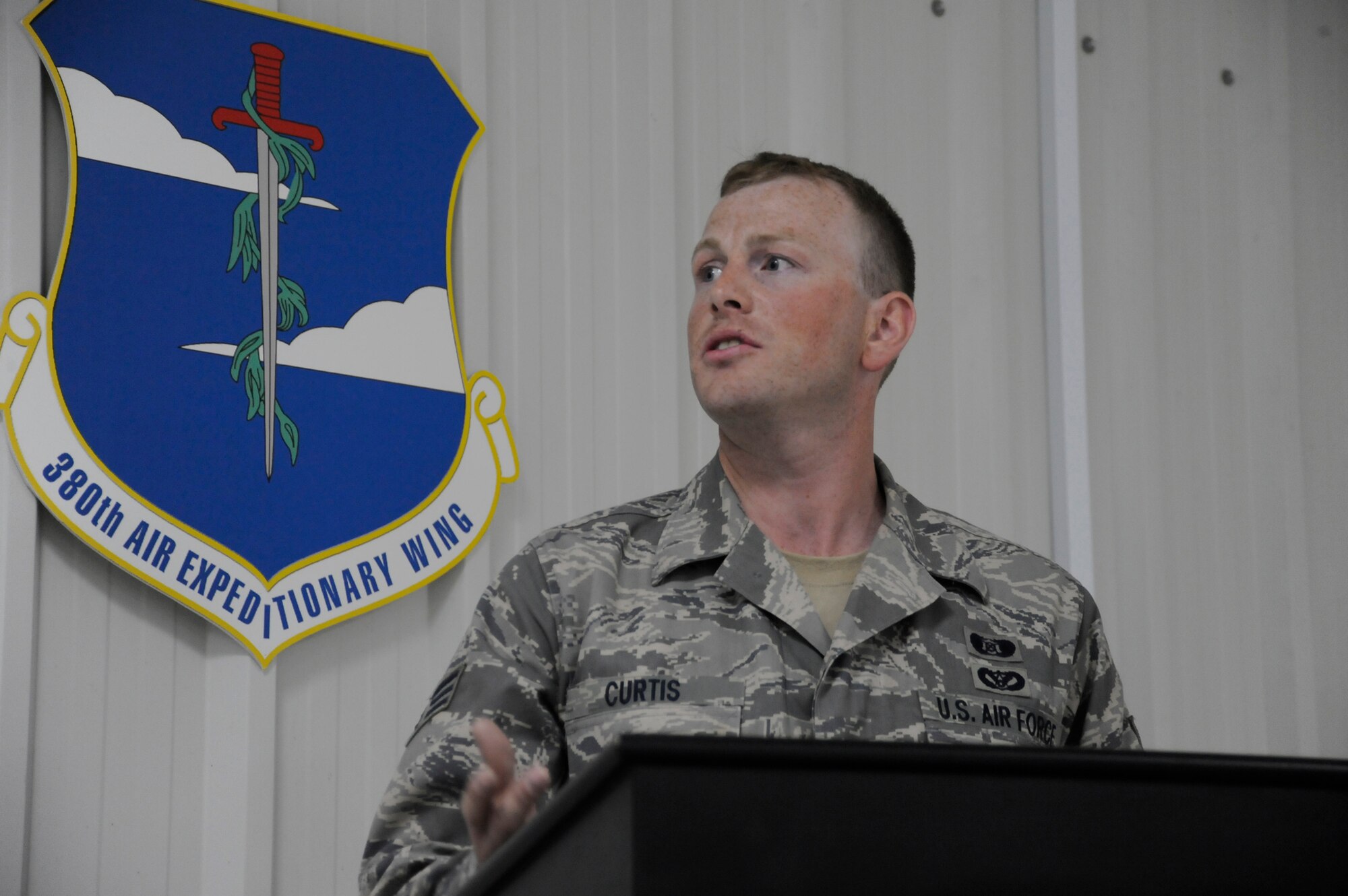 SOUTHWEST ASIA – Senior Airman Justin Curtis, 380th Expeditionary Civil Engineer Squadron and newly elected 380th Air Expeditionary Wing Airmen’s Council vice president, addresses the council during a meeting July 17. The Airmen’s Council meets at the Dining Facility every Friday at 1:30p.m. Airman Curtis is deployed from McChord AFB, Wash., and hails from Illinois. (U.S. Air Force photo/Senior Airman Stephen Linch) 