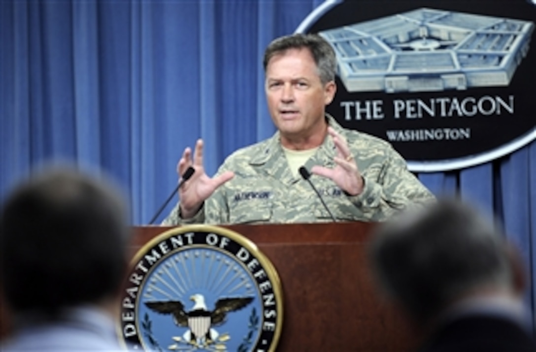 U.S. Air Force Director of Unmanned Aircraft Systems Task Force Col. Eric Mathewson talks to the press during an Unmanned Aircraft Systems brief in the Pentagon on July 23, 2009.  