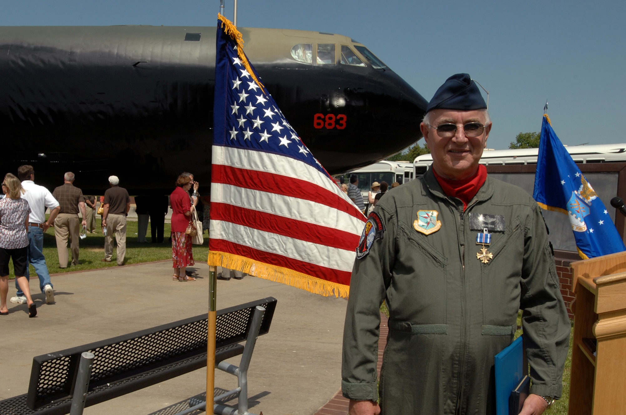 WHITEMAN AIR FORCE BASE, Mo. - Master Sgt. (Ret.)  Jerry Headrick, a former B-52 tail gunner poses for a photo July 24 in front of an aircraft in which he logged combat hours during Vietnam, after attending a ceremony dedicating the aircraft to Captain Robert J. Morris Jr. pilot of the B-52. (U.S. Air Force photo Senior Airman Kenny Holston)